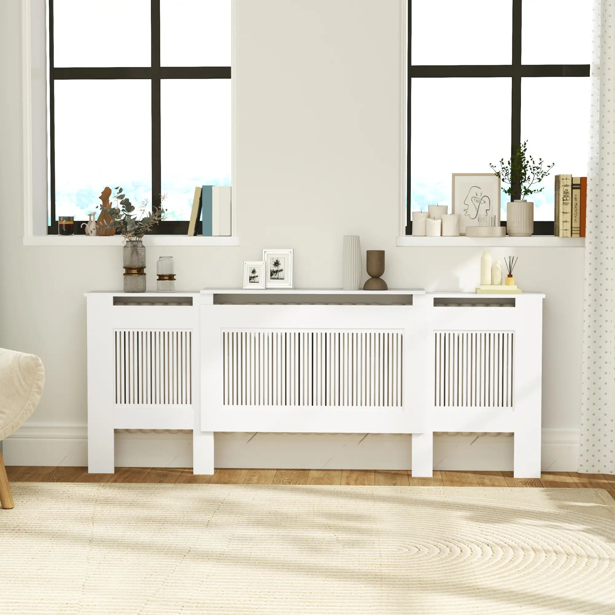 HOMCOM Heizkörperverkleidung, Lamellendesign, verstellbare Länge 125-201 cm, MDF, Weiß