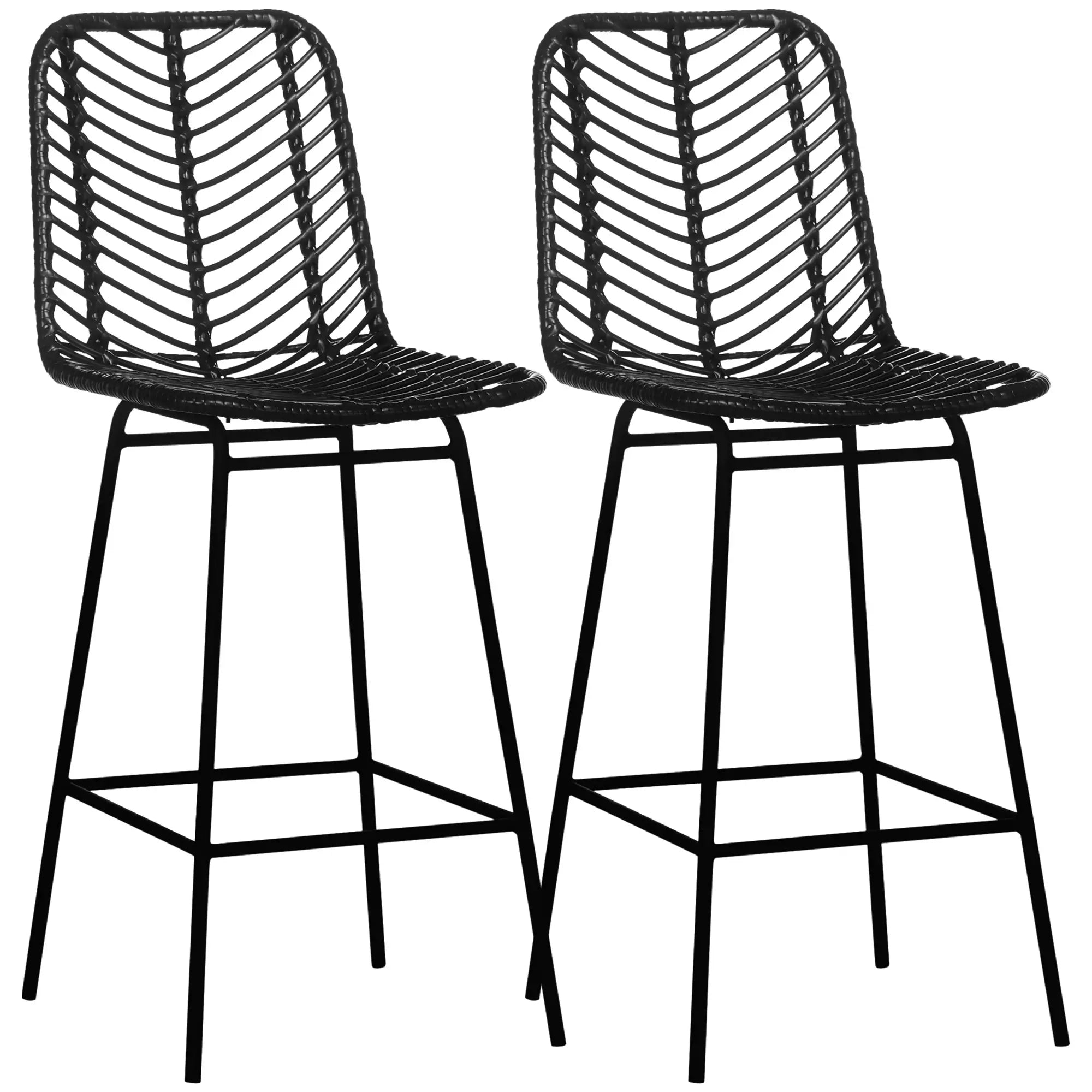 HOMCOM Barhocker, 2er-Set, Rattanoptik, Fußstütze, Stahlrahmen, rutschfest, bis 120 kg, 42,5x52x102 cm, Schwarz