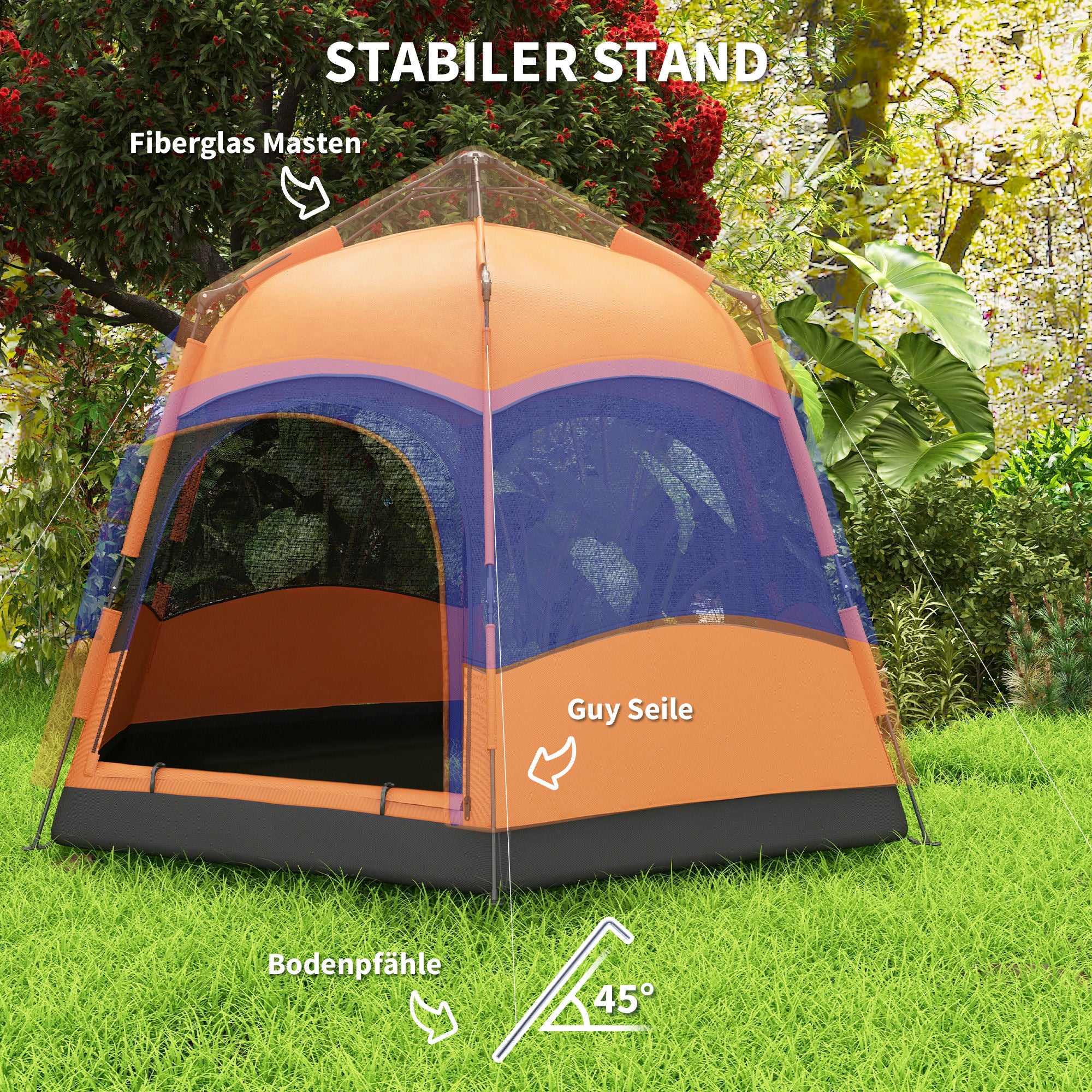 Outsunny Doppellagiges Instant-Pop-Up-Zelt mit Regenschutz, Outdoor Familienzelt für 4 Personen wasserdicht sechseckig 4 Jahreszeiten Kuppelzelt mit Bodenplane 2 Türen Moskitonetz Tragetasche Orange
