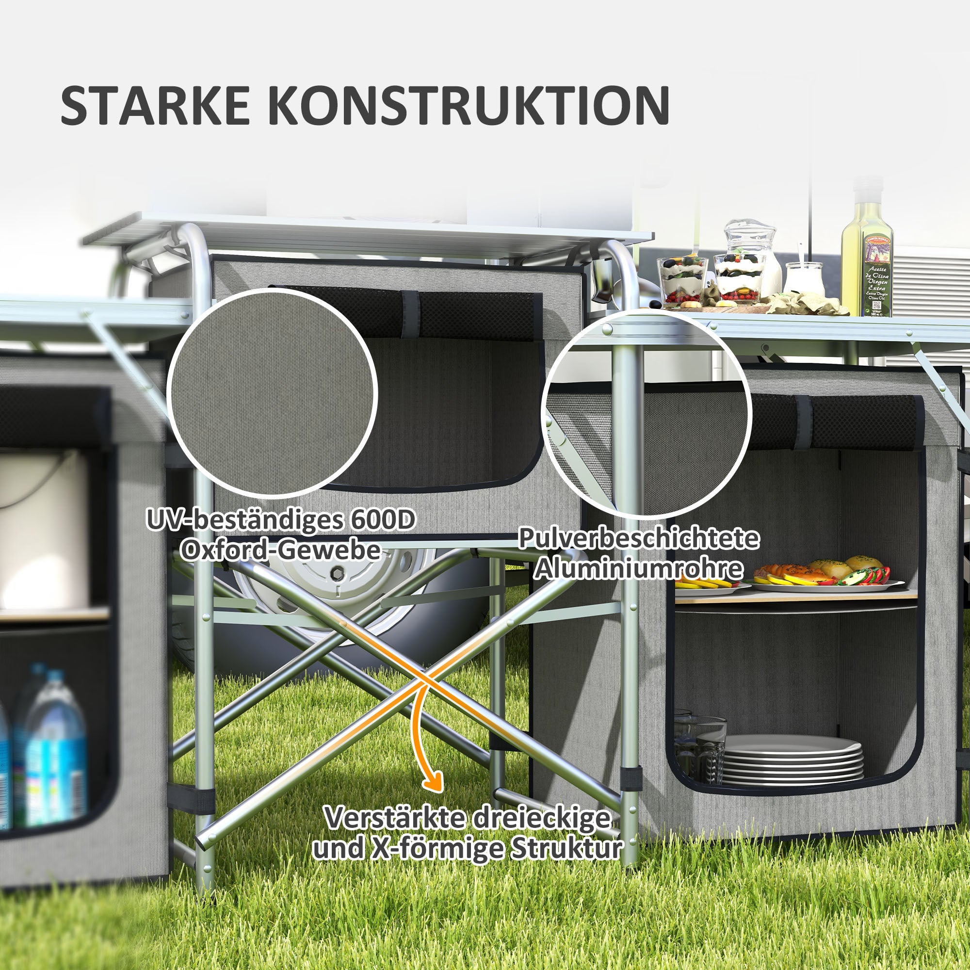 Outsunny Campingküche, klappbar, Windschutz, 3 Stofffächer, Aluminiumrahmen, 172x48x119cm, Grau/Silber