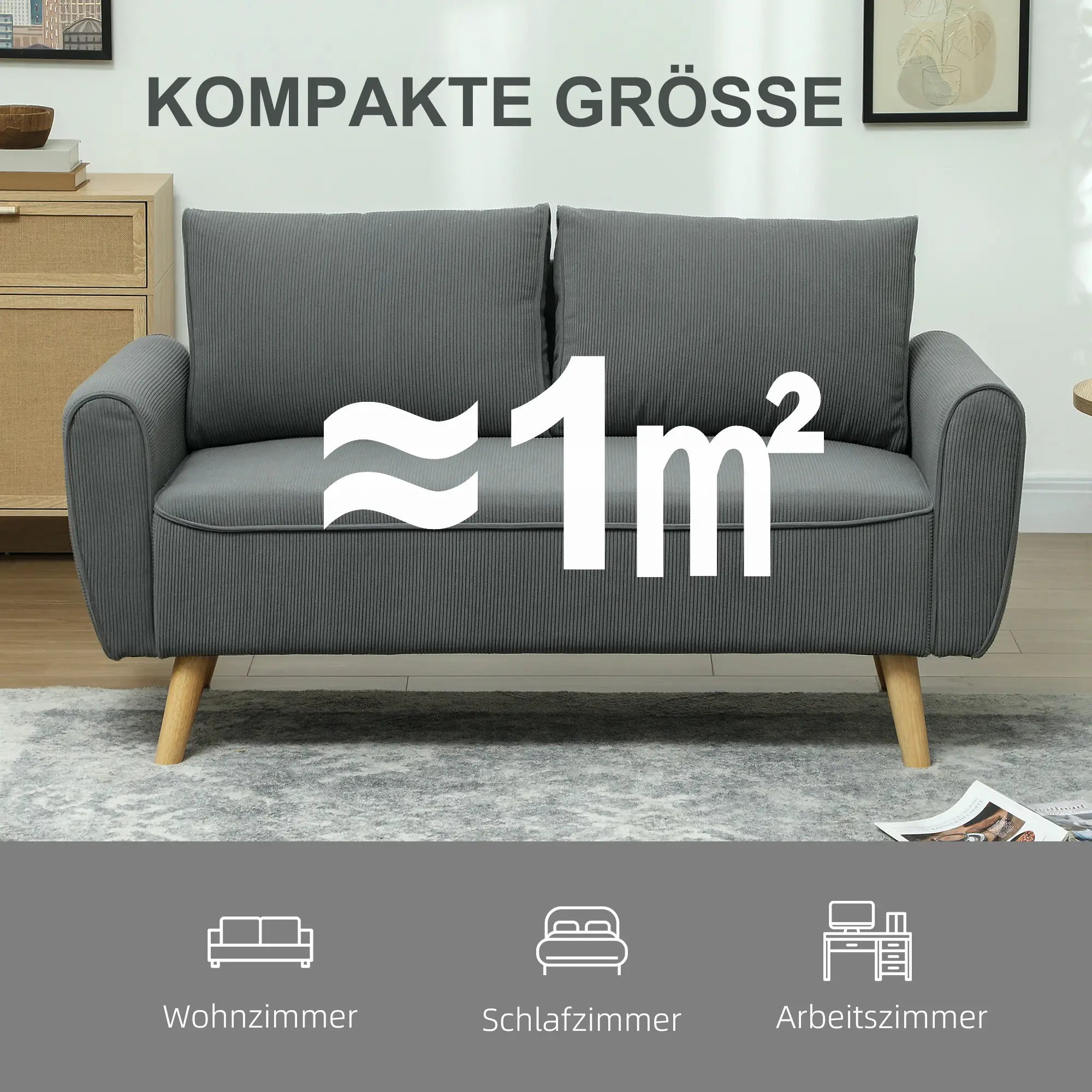 HOMCOM Zweisitzer Sofa Cord tiefe Sitze abnehmbare Kissen Dunkelgrau
