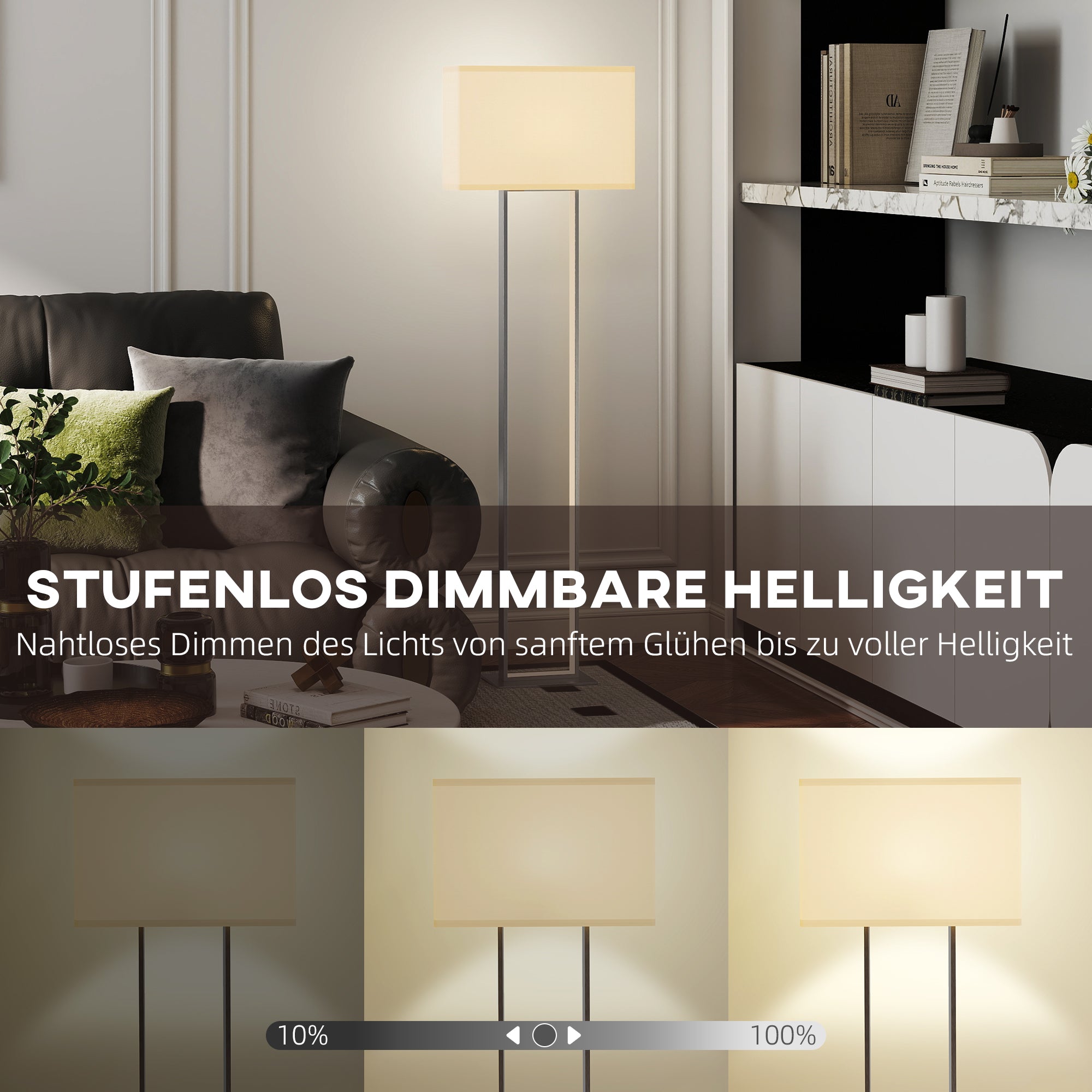 HOMCOM Moderne Stehlampe, 3 Modi, Fußschalter, verstellbare Helligkeit, Leinenoptik, Weiß