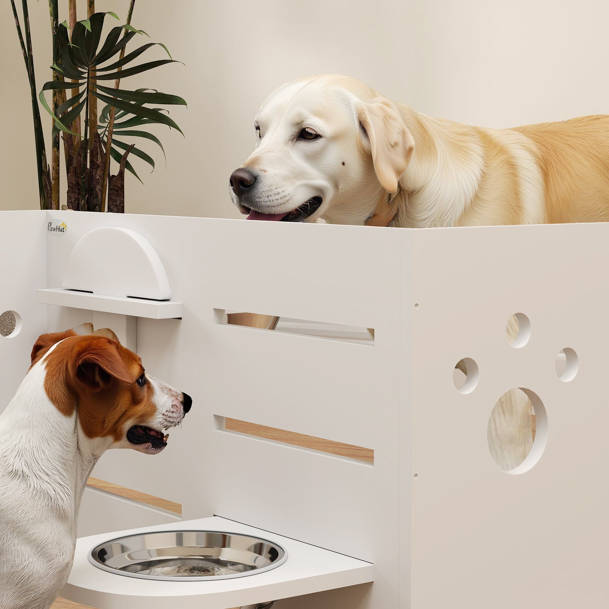 PawHut Hundefutternapf-Gestell, verstellbare Futternäpfe mit separatem Design, 2 Edelstahlschüsseln, Anti-Schling-Matte, Weiß