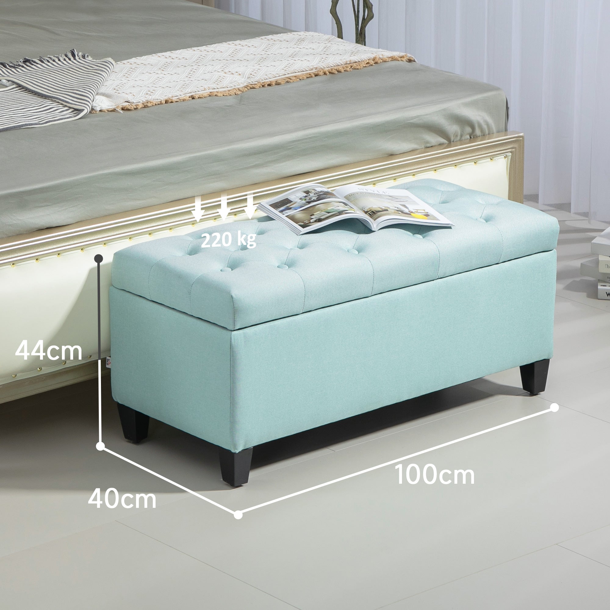 HOMCOM Sitzbank, Polsterbank mit Stauraum, leinenartiges Polyester, Kautschukholz, 100 x 40 x 44 cm, Grün