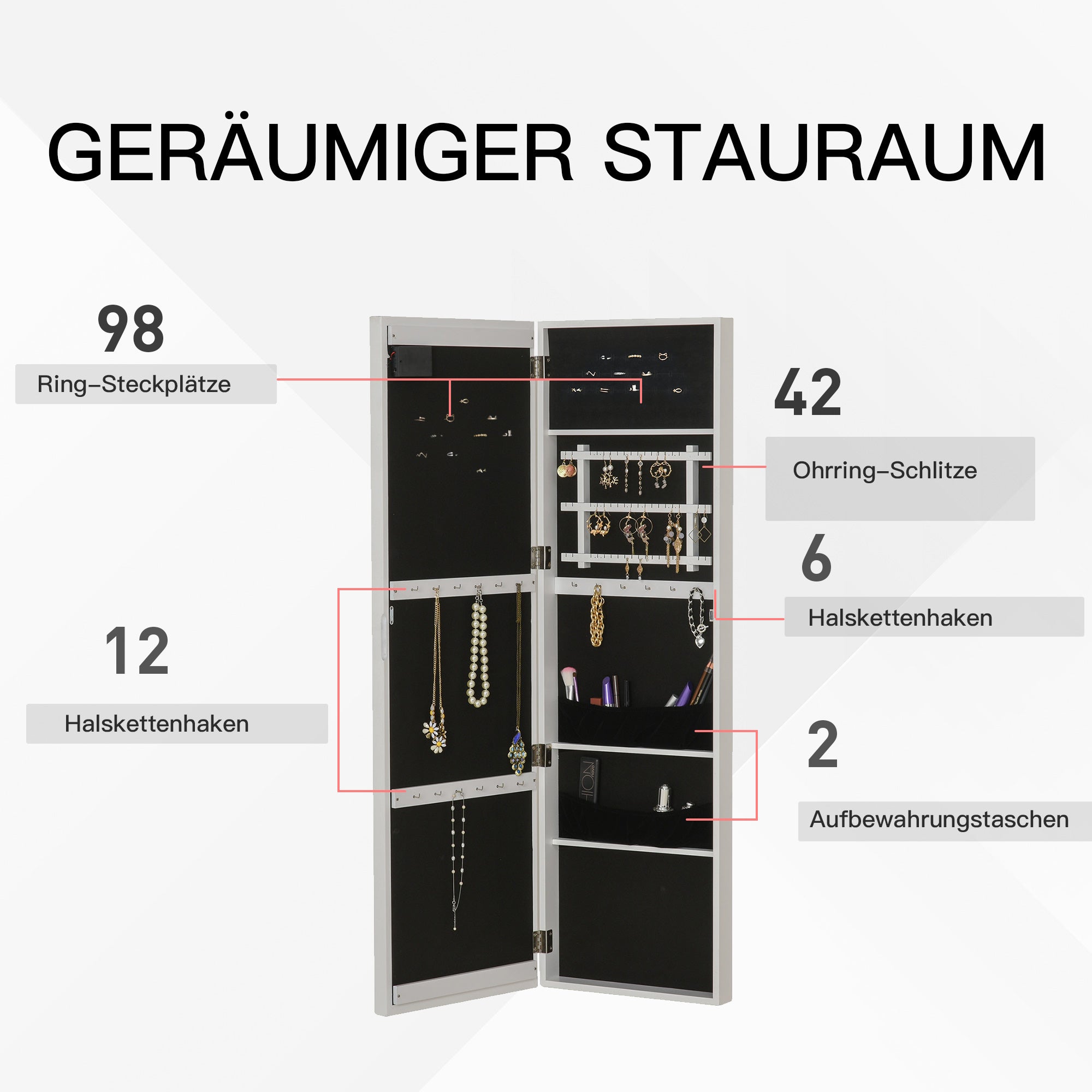 HOMCOM LED Schmuckschrank Aufhängbarer 2 in 1 Schmuckregal Spiegelschrank Türmontage MDF Weiß 36,6 x 8 x 120 cm
