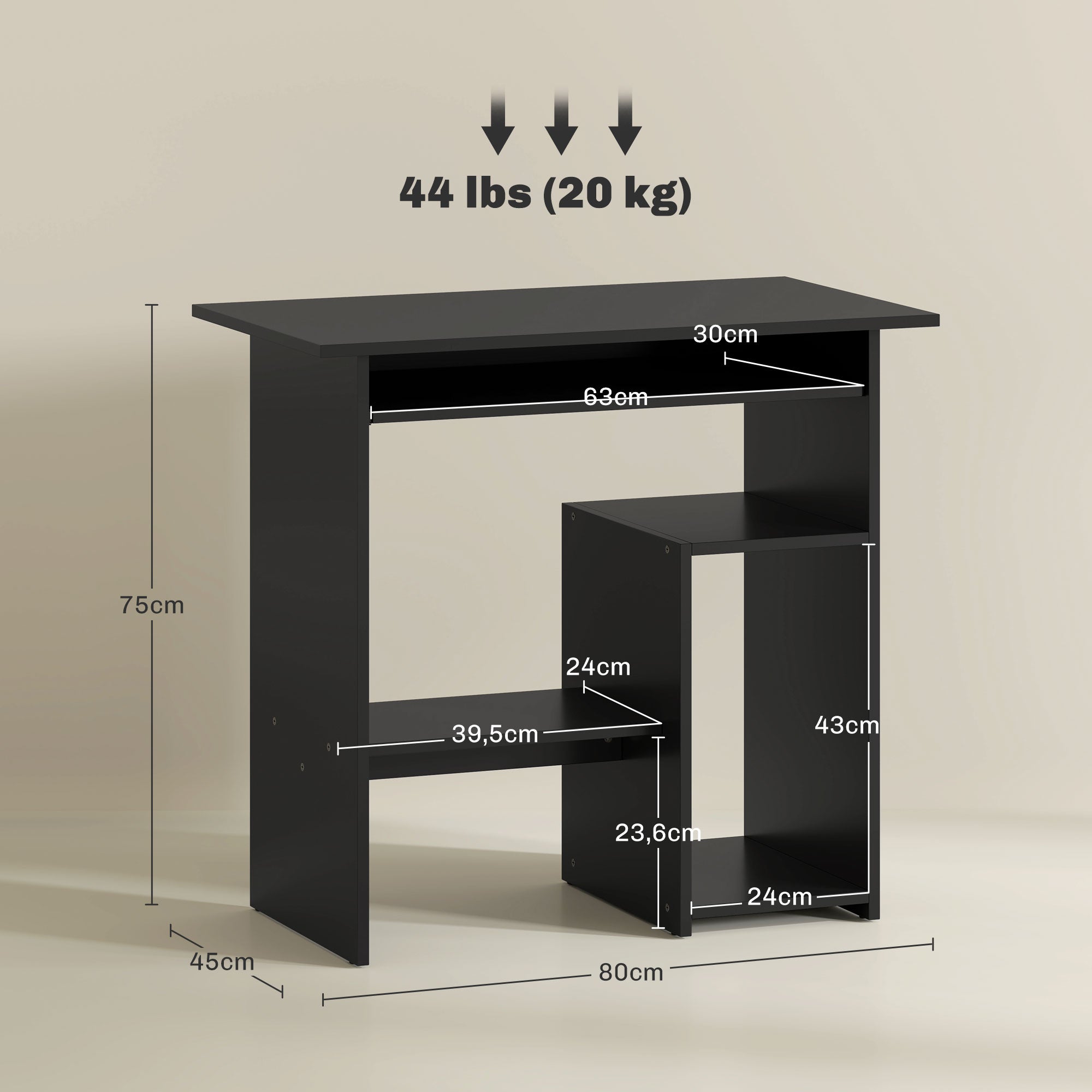 HOMCOM Computertisch, Schreibtisch, Spanplatte, Metall, 80 x 45 x 75 cm, Schwarz