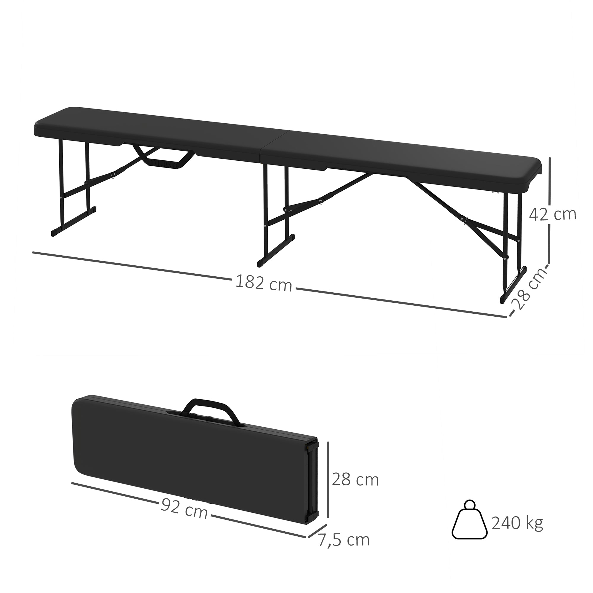 Outsunny Campingbank, Kunststoff-Outdoor-Bank, 240 kg Belastbarkeit, Schwarz