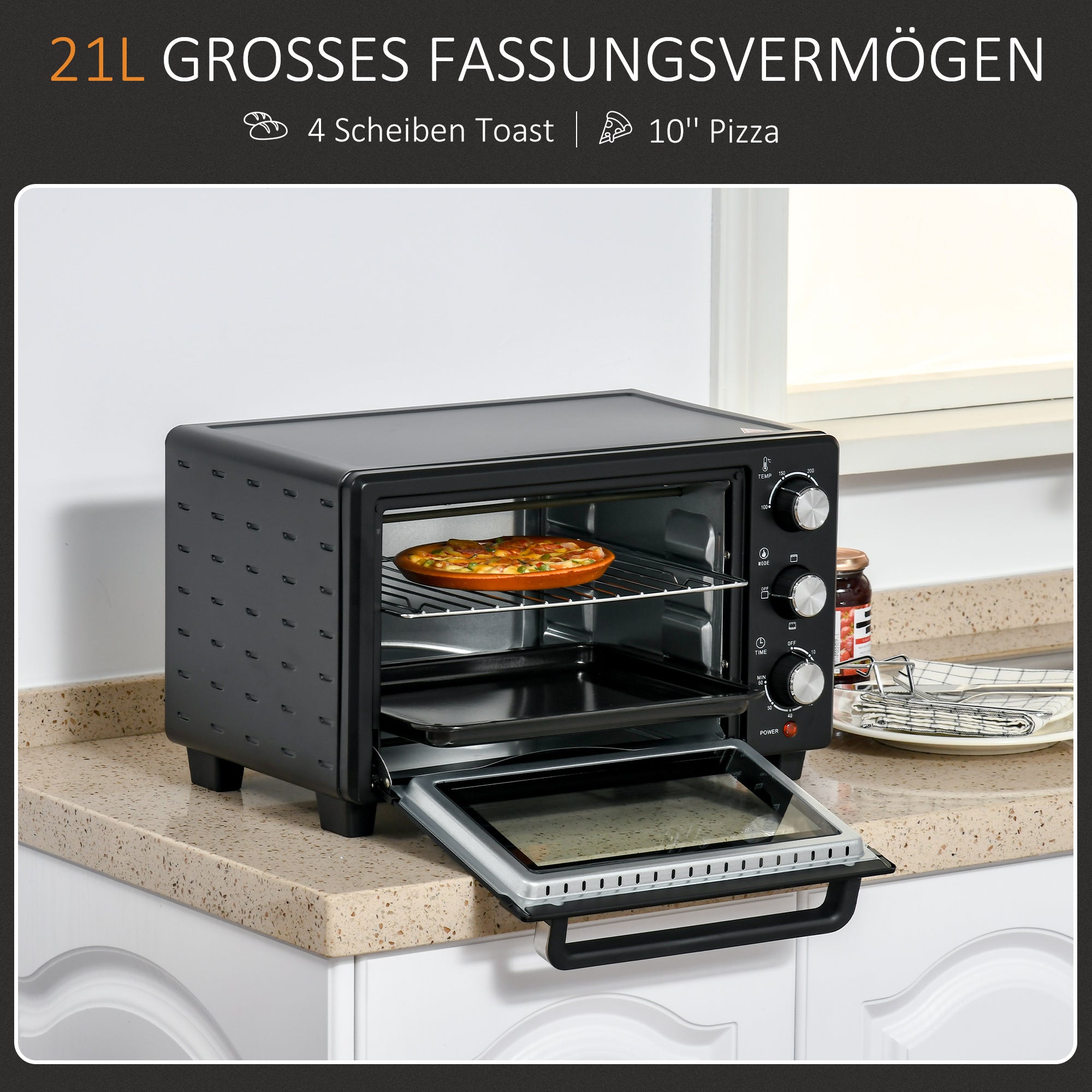 HOMCOM Minibackofen, 21 L Toasterofen mit 1 Drahtgestell und 1 Backblech, 3 Kochmodi, 100 °C-230 °C, Edelstahl, Glas, Schwarz