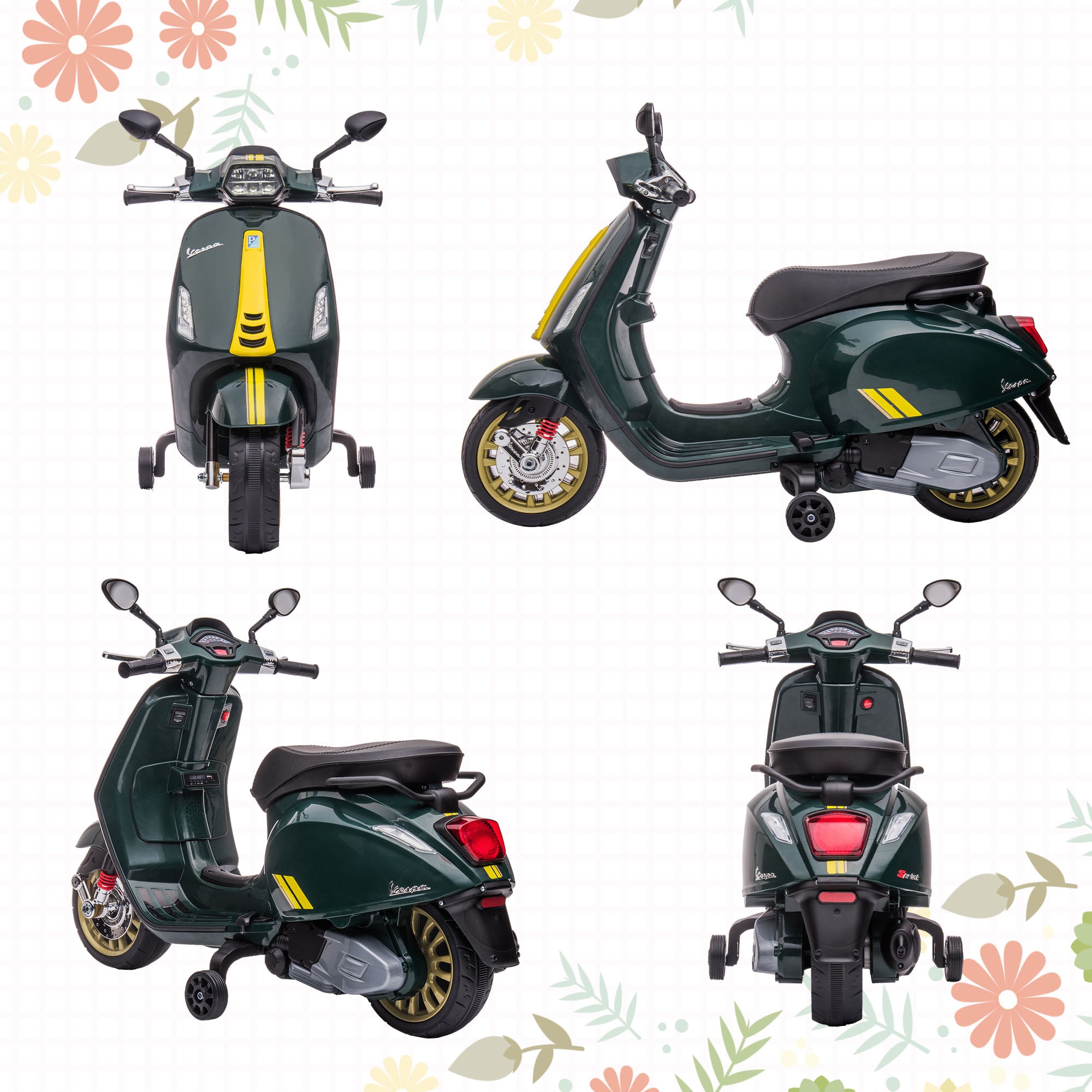 AIYAPLAY Elektro-Kindermotorrad, Vespa, 3 km/h, 3-6 Jahre, Musik, Licht & Radio, Dunkelgrün