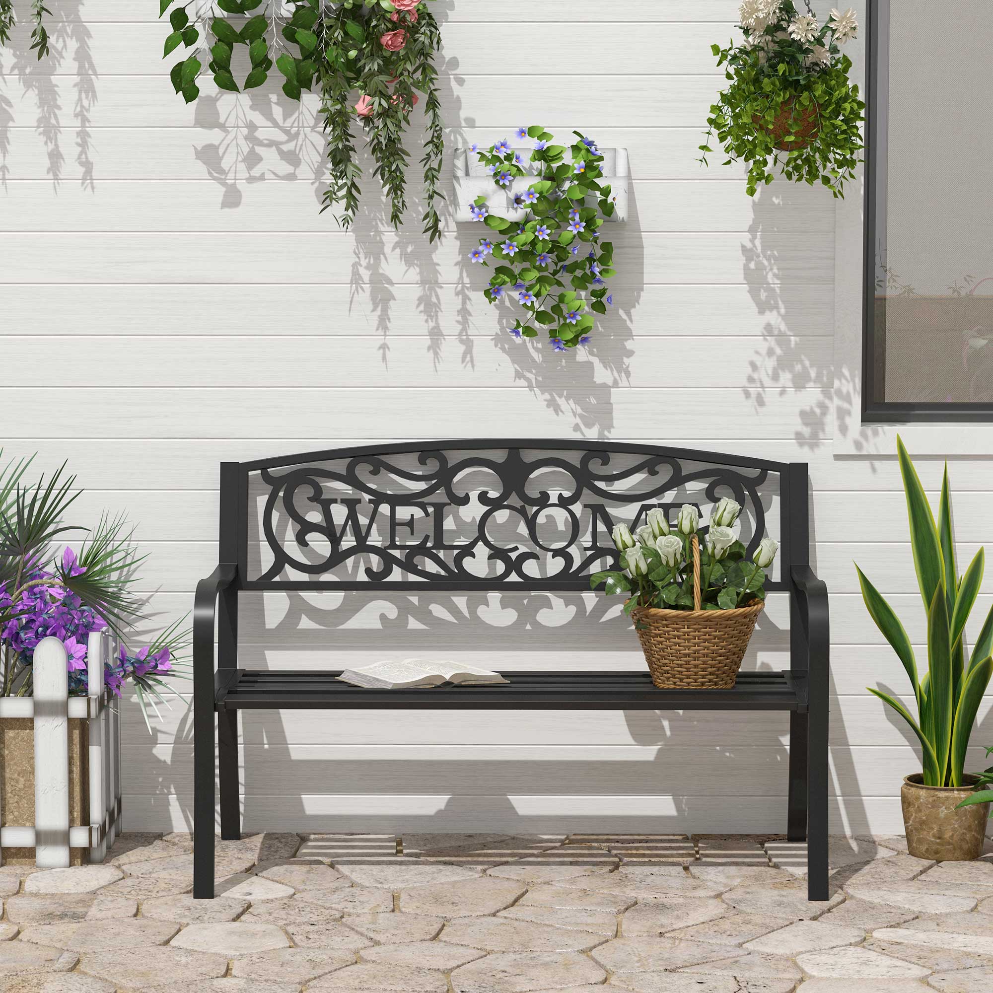 Outsunny Gartenbank 2-Sitzer dekoratives Welcome-Design wetterfest