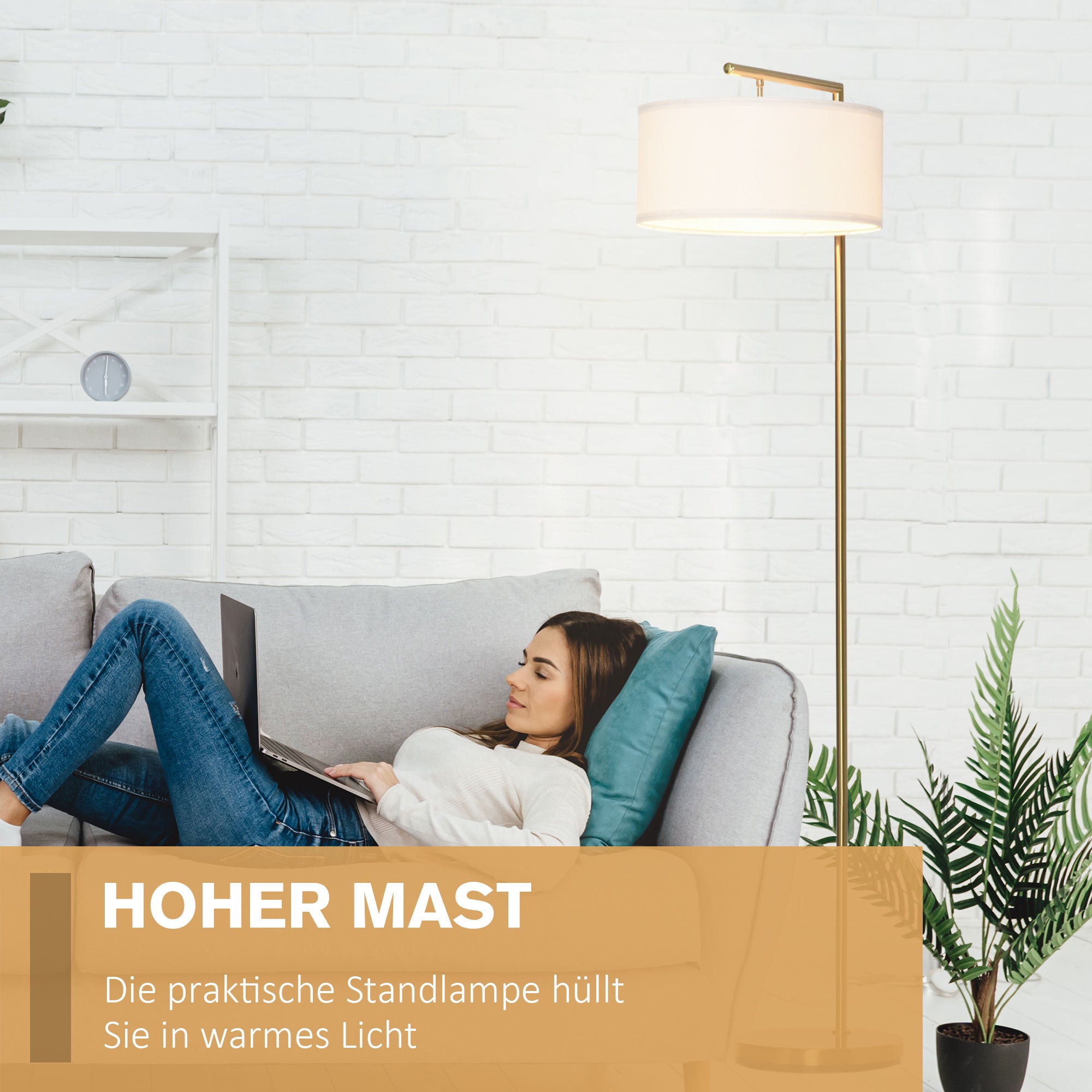 HOMCOM Stehleuchte, Stehlampe, E27 Sockel, Goldoptik, weißer Stoffschirm, Fußschalter, Stahl, 47 x 37 x 153 cm