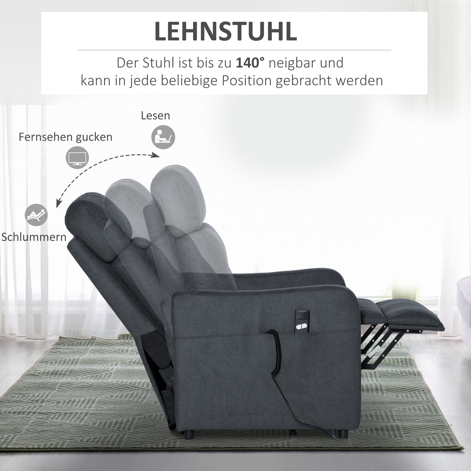 HOMCOM Relaxsessel mit Aufstehhilfe, inkl. Fernbedienung, ausziehbare Fußstütze, 71 cm x 94 cm x 104 cm, Grau