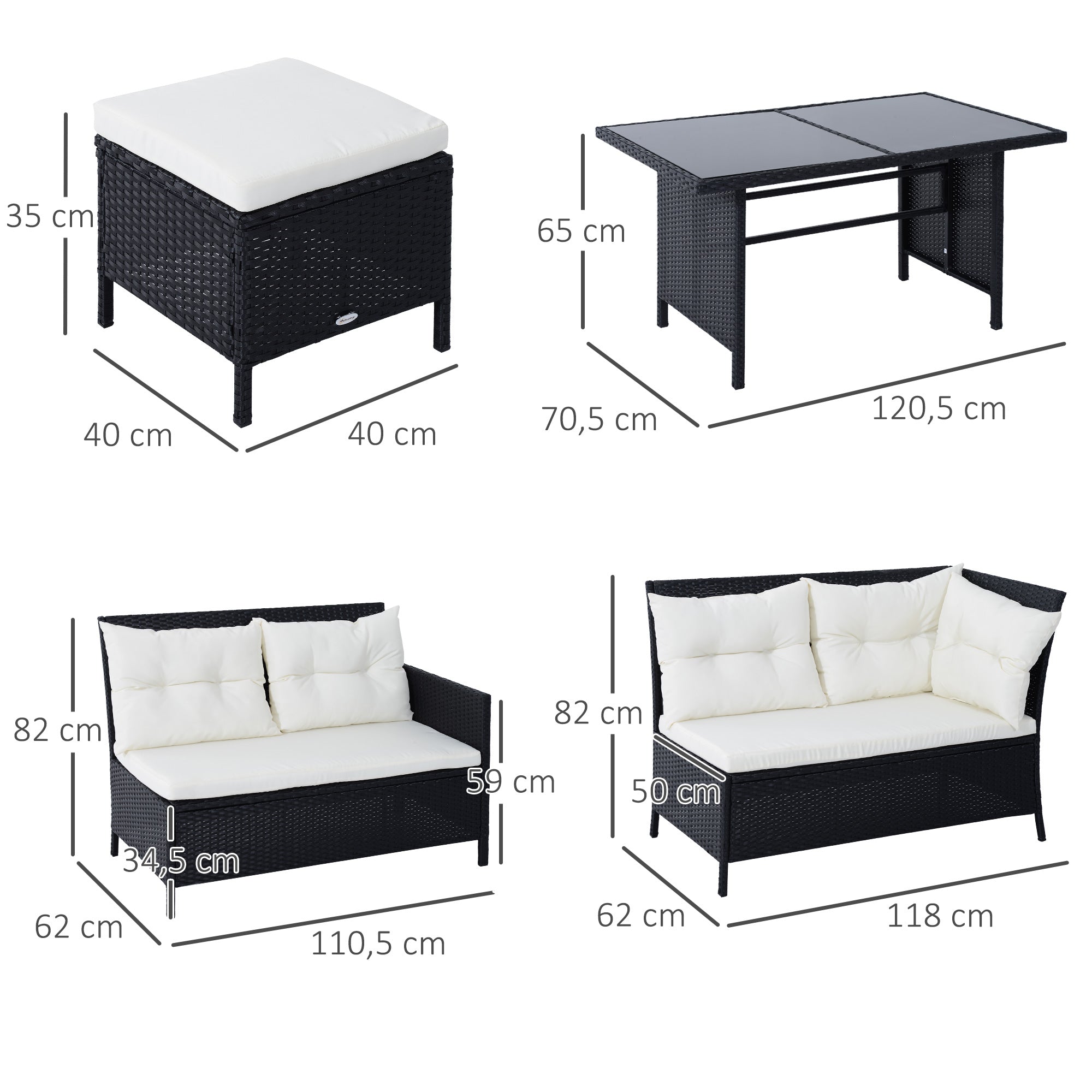 Outsunny Gartenmöbel-Set aus PE-Rattan für 7 Personen, abnehmbare Polster, Cremeweiß + Schwarz