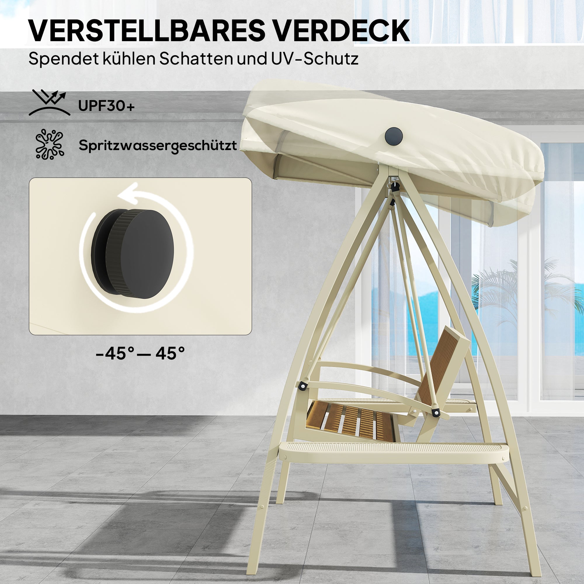 Outsunny Hollywoodschaukel 2-Sitzer Gartenschaukel mit verstellbarem Sonnendach, Seitentisch 200 x 120 x 190cm, Beige