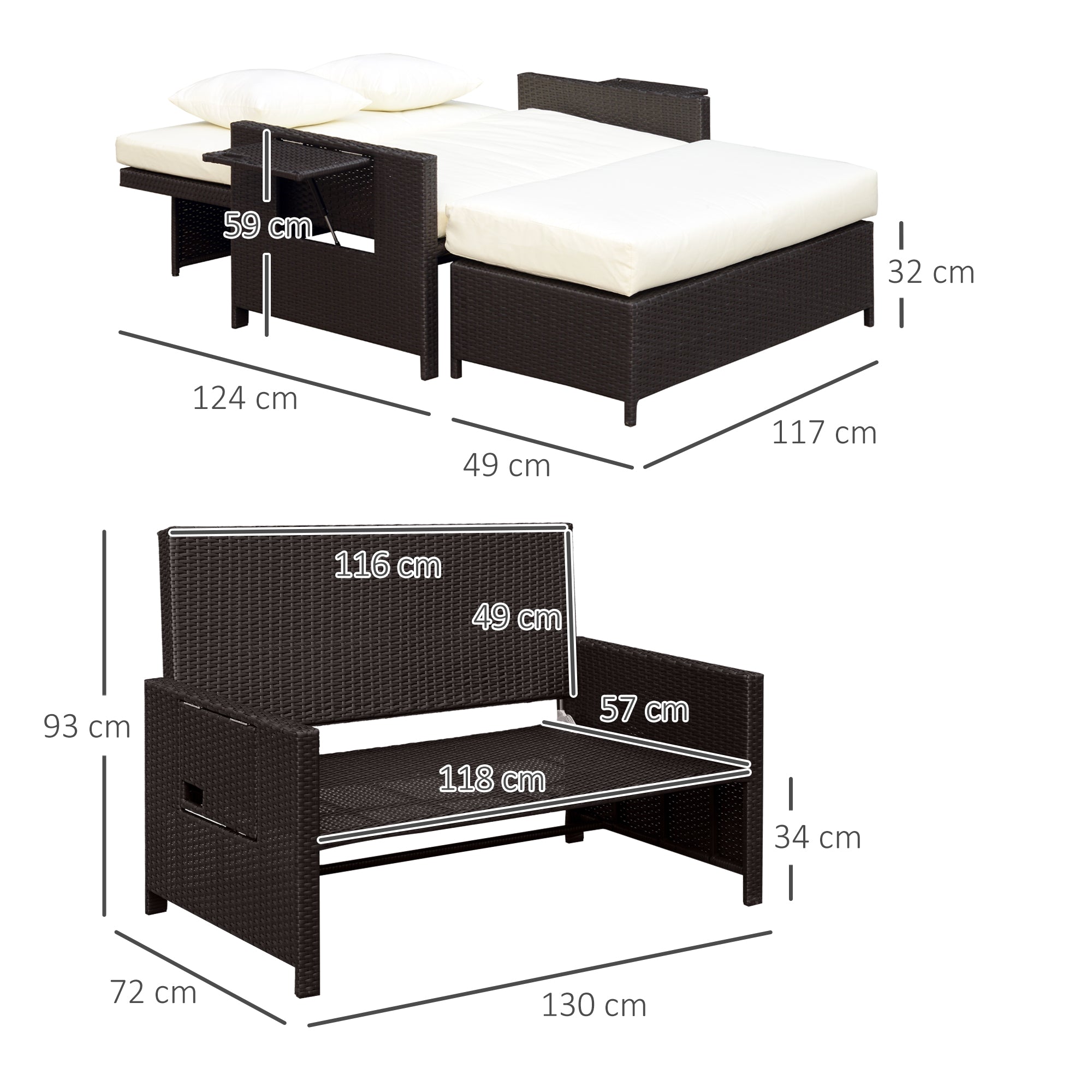 Outsunny Gartensofa mit Liegefunktion, ausfahrbare Fußbank mit Stauraum, Sitzkissen, braun+creme, 130 x 72 x 96 cm