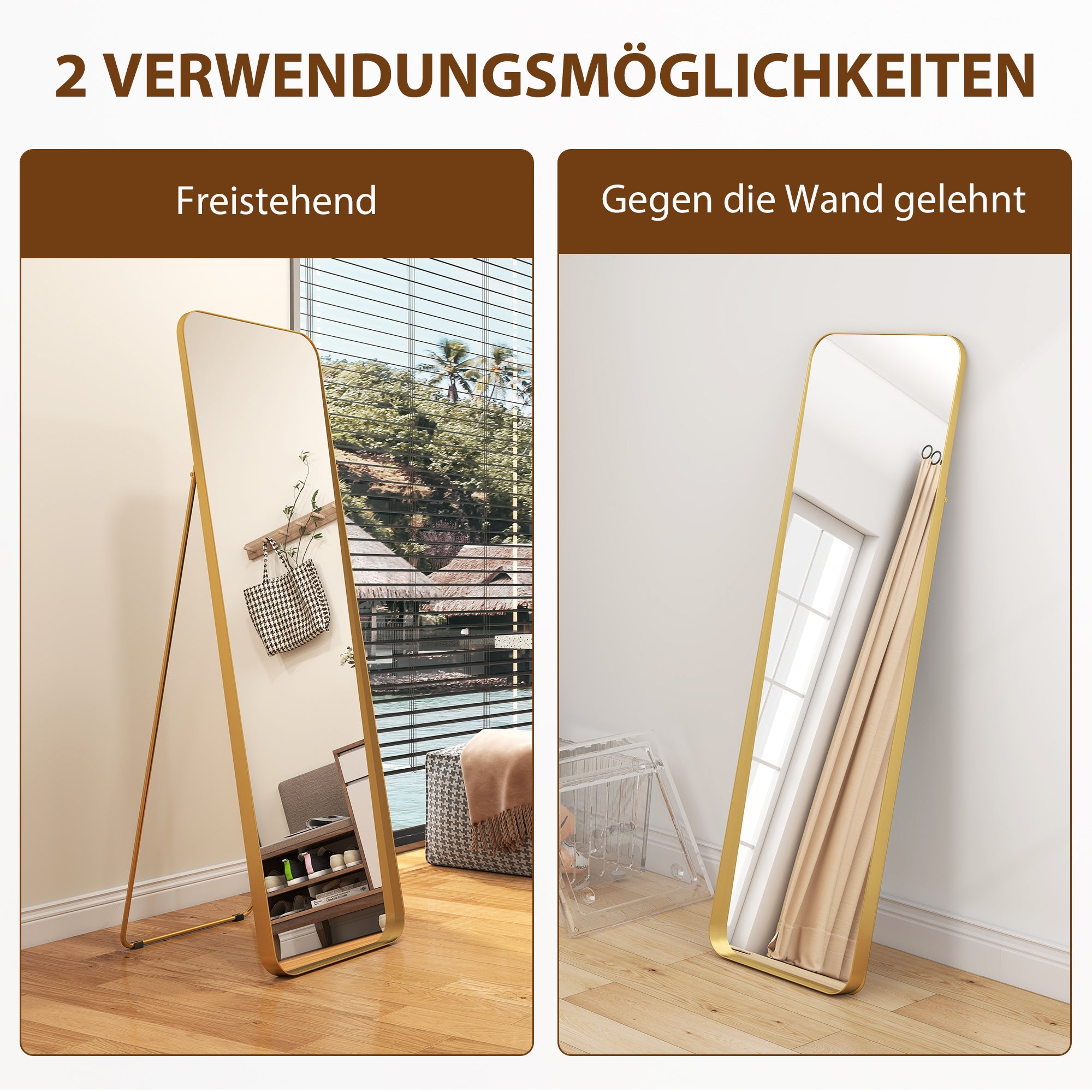 HOMCOM Ganzkörperspiegel, freistehend, neigbar, Metallrahmen, MDF, 160 x 50 cm, Goldfarben