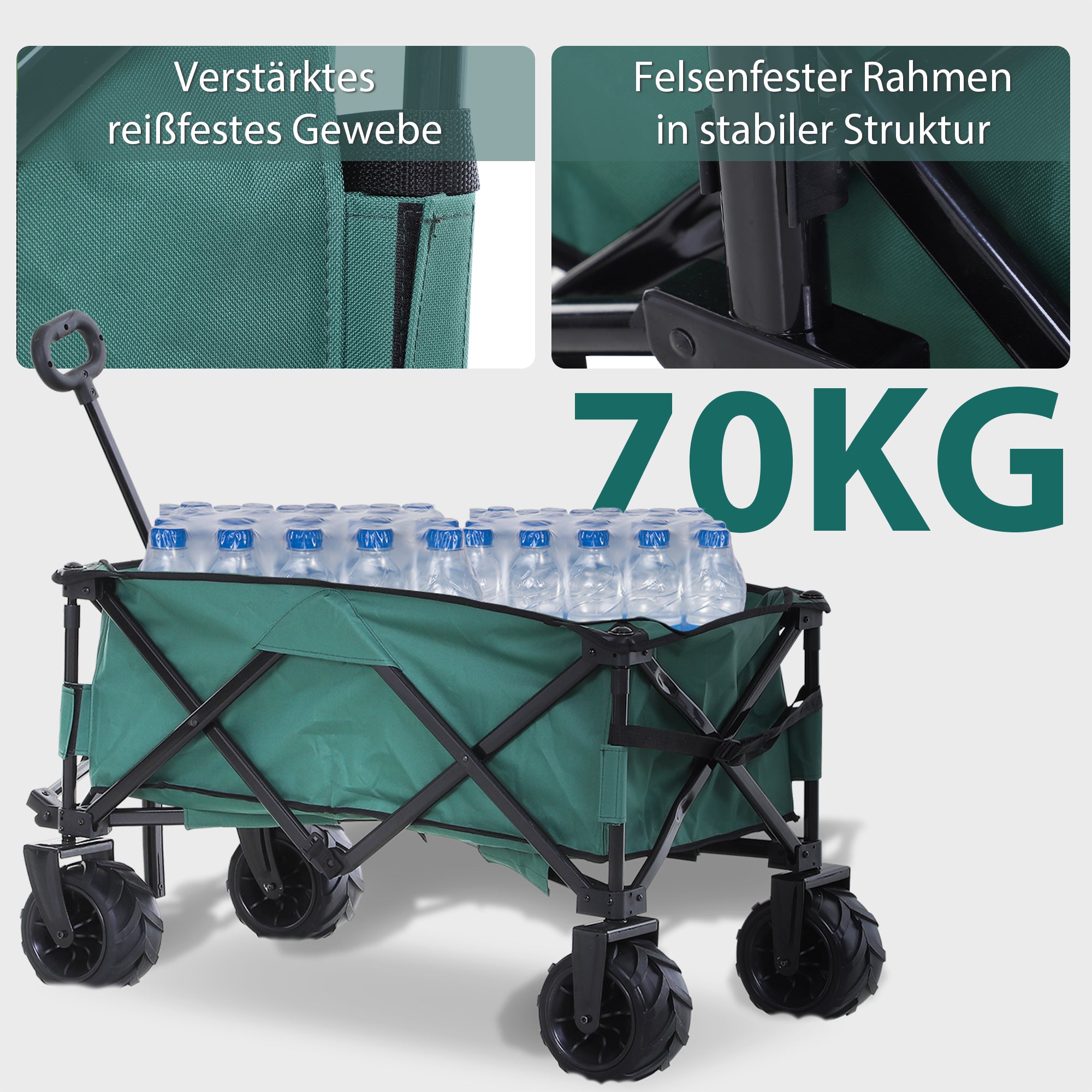 Outsunny Bollerwagen Faltbarer Handwagen 360° Gartenwagen Transportwagen mit Teleskop Griff Verstellbarer Griffhöhe Strandwagen bis 70 kg Tragkraft Metall Oxford Grün 108 x 55 x 59-89 cm