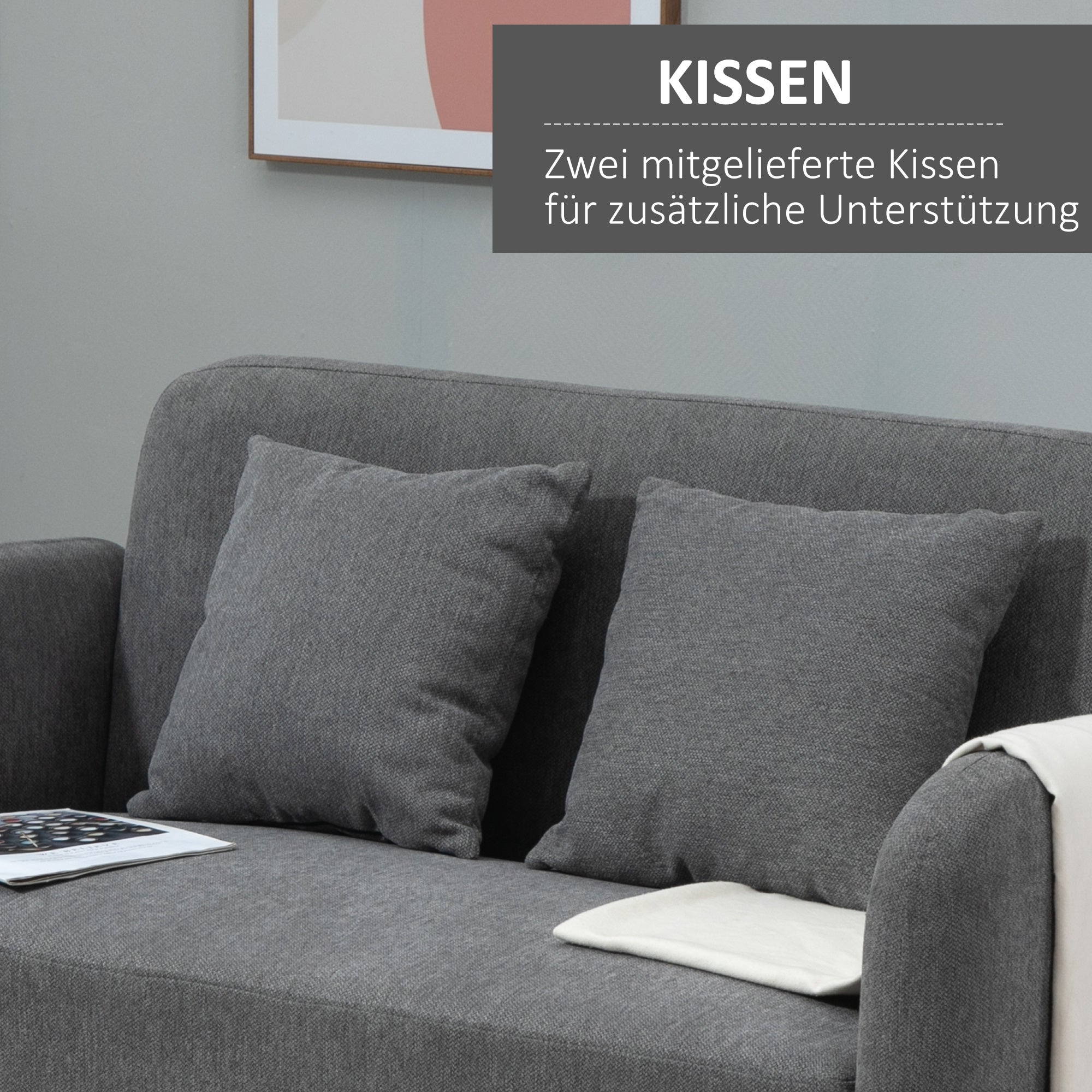 HOMCOM 2 Sitzer Sofa, Couch mit 2 Wurfkissen, gepolsterter Doppelsofa, Polstersofa mit Samtopik, Armlehne, Loveseat für Wohnzimmer, Schlafzimmer,  130 x 70 x 80 cm, Grau
