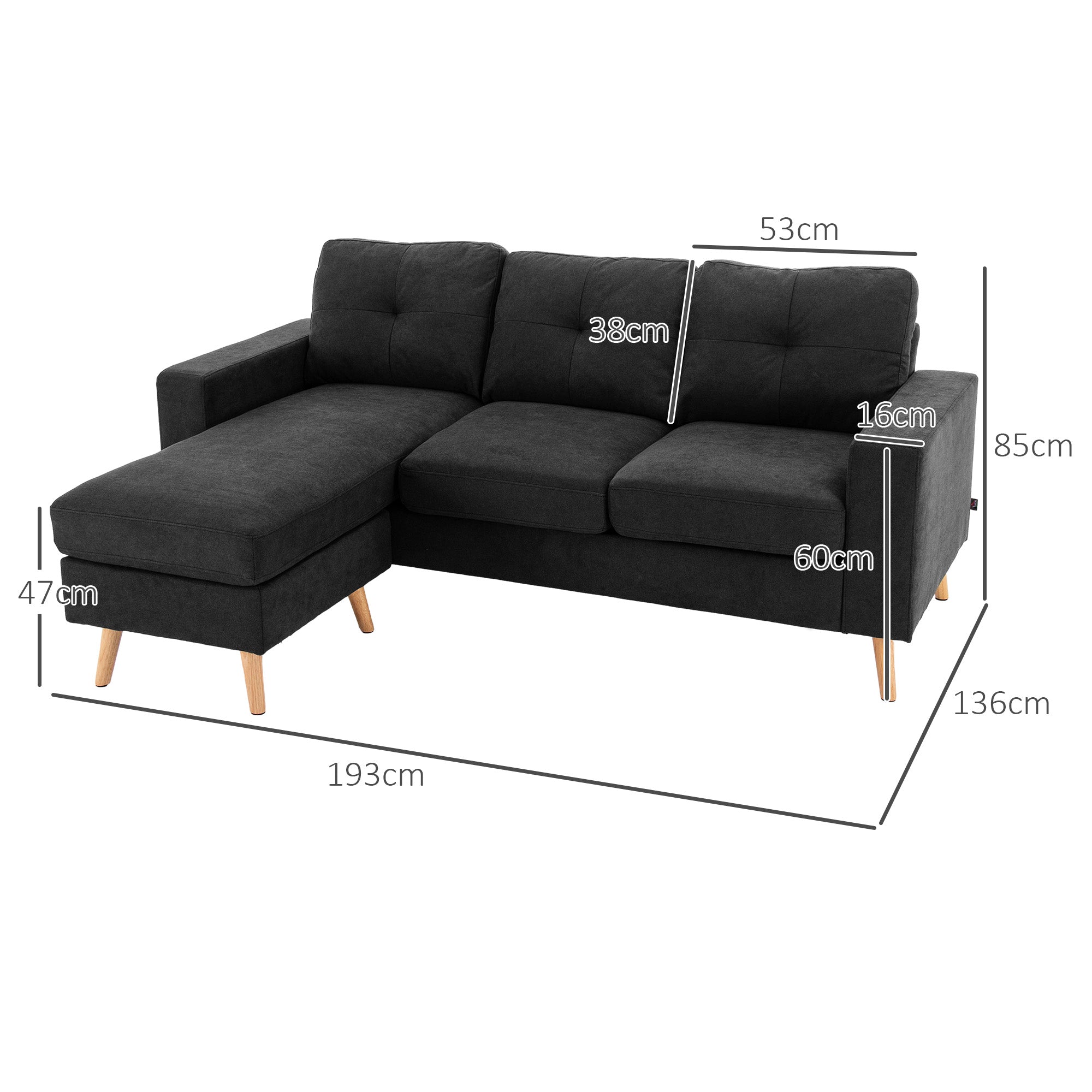 HOMCOM 3-Sitzer-Sofa Sofa Couch Ecksofa, mit Chaiselongue, Knopfheftung, 193 x136 x 85 cm, Schwarz