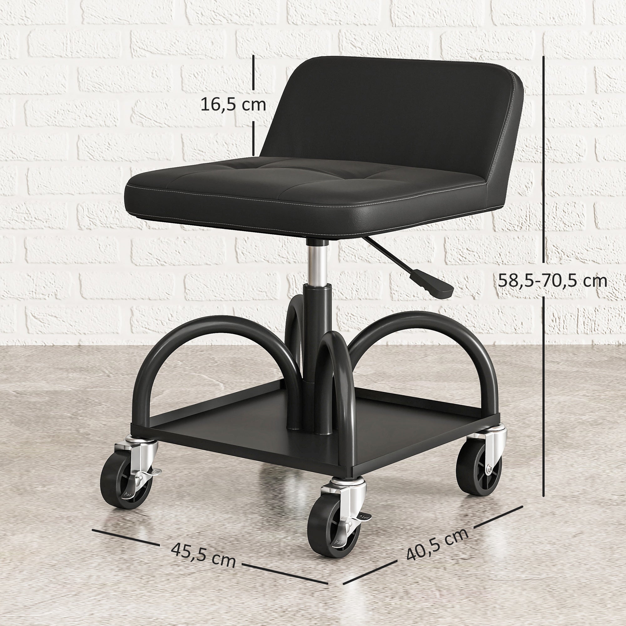 HOMCOM Werkstatthocker mit Rollen Ablagefläche, 58,5 cm hoch Rollhocker bis 135 kg belastbar Schwarz