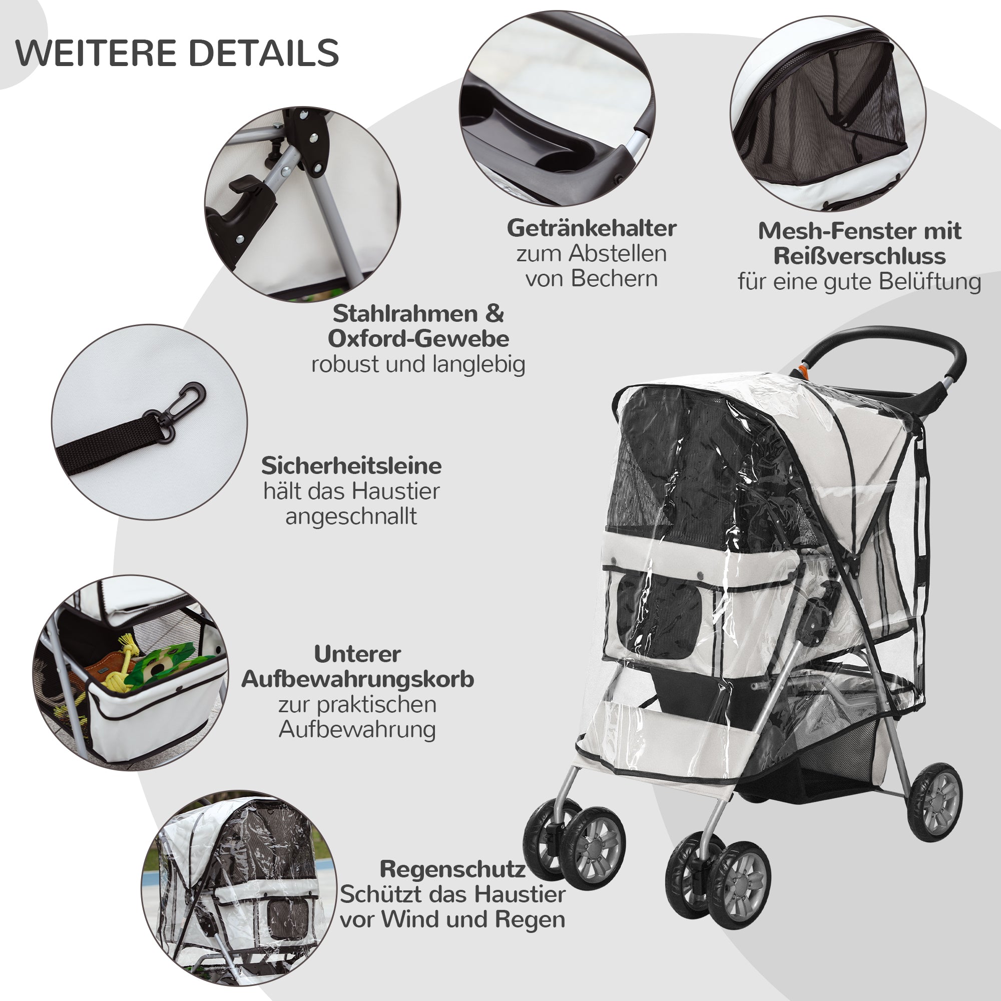 PawHut Hundebuggy Hundewagen bis 10 kg Klappbar Regenschutz Bodenkorb 2 Becherhalter 75 cm x 45 cm x 97 cm Grau