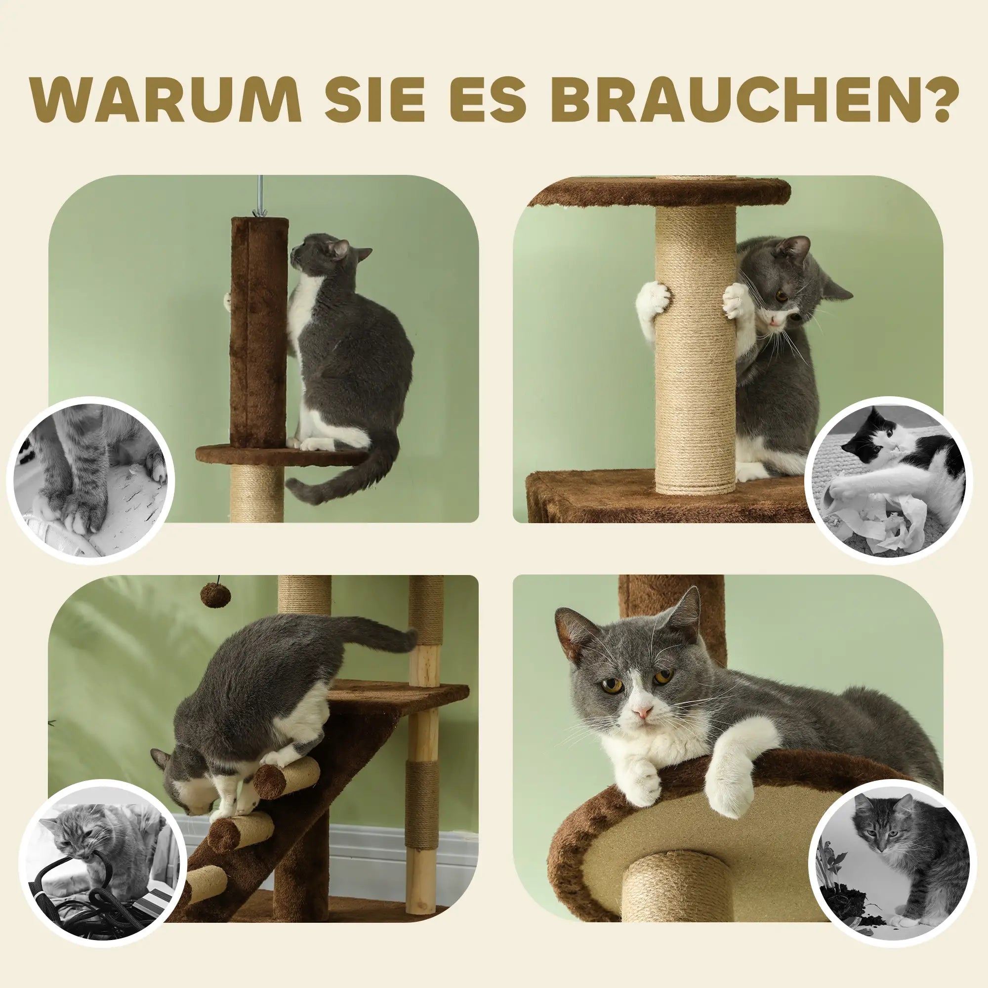 PawHut Kratzbaum 225–265?cm mit Höhle & Spielball Braun