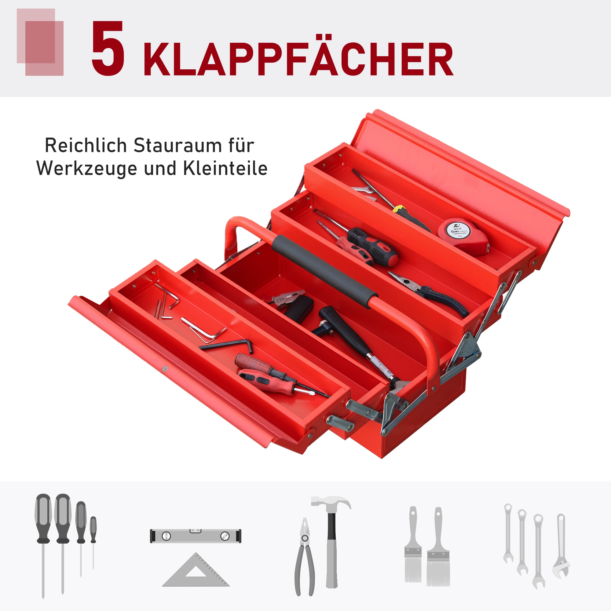 DURHAND Werkzeugkasten Werkzeugkoffer mit 5 Fächern 45 x 20 x 34,5cm Stahl Rot