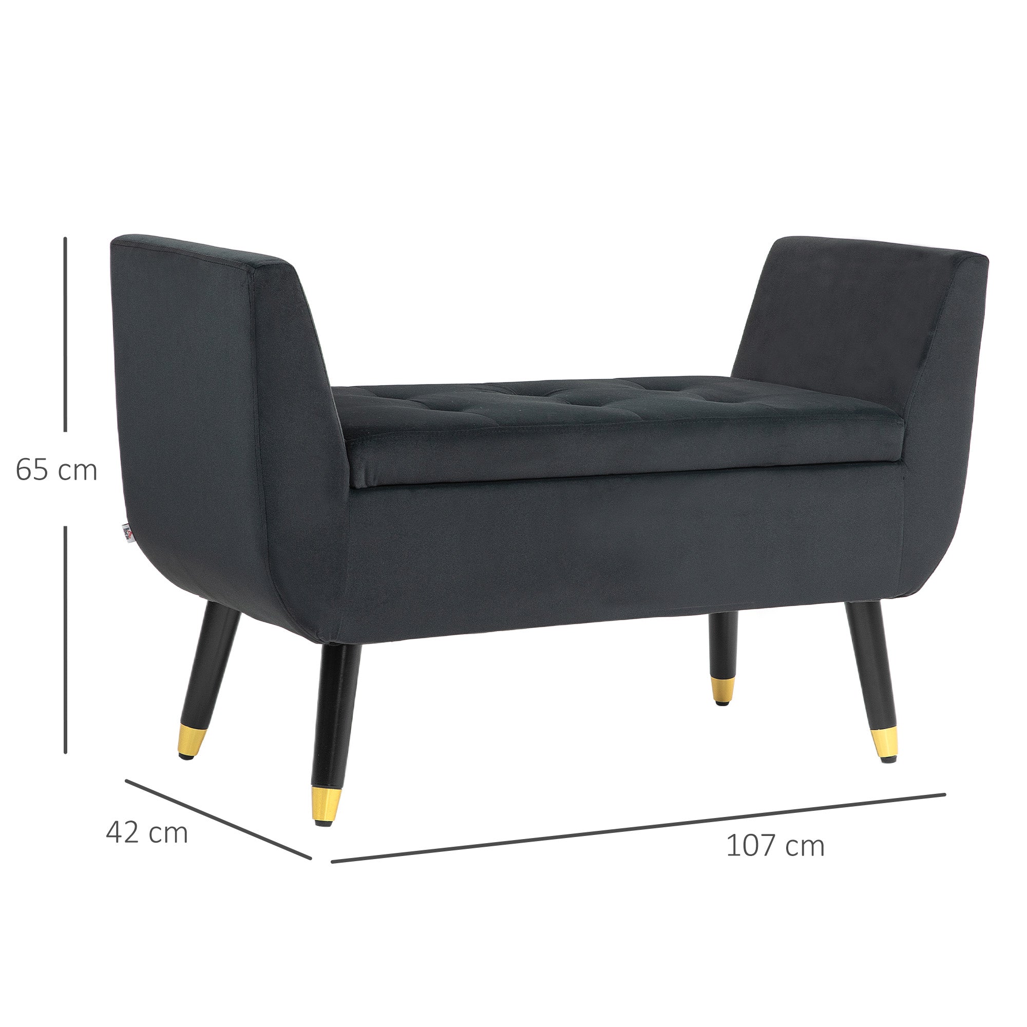 HOMCOM Sitzbank mit Stauraum und Armlehnen, Truhenbank, samtartiges Polyester, Kautschukholz, Dunkelgrau, 107 x 42 x 65 cm