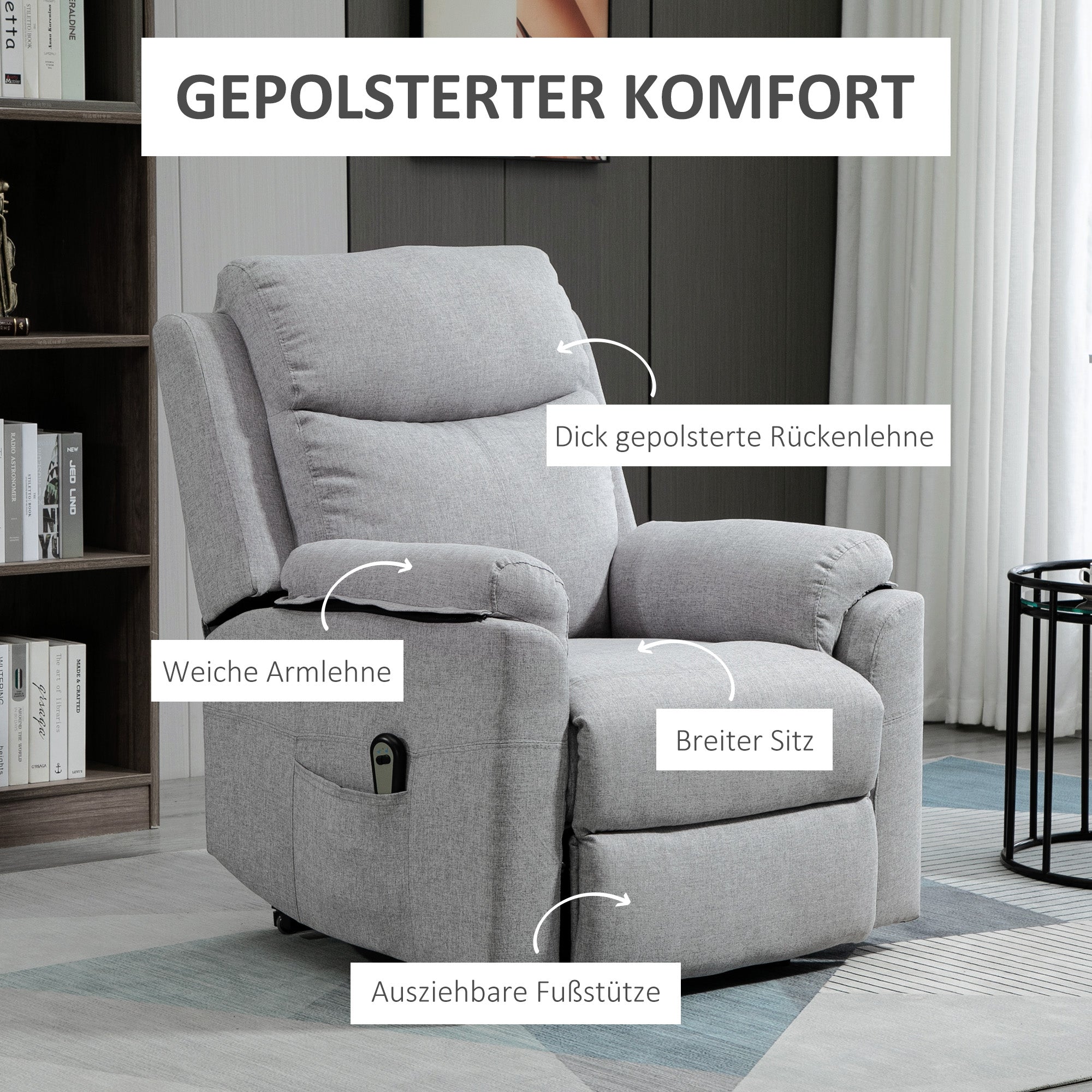 HOMCOM Relaxsessel mit Aufstehhilfe, elektrisch, Liegefunktion, Fernbedienung, Taschenfederkern, bis 120 kg, Grau