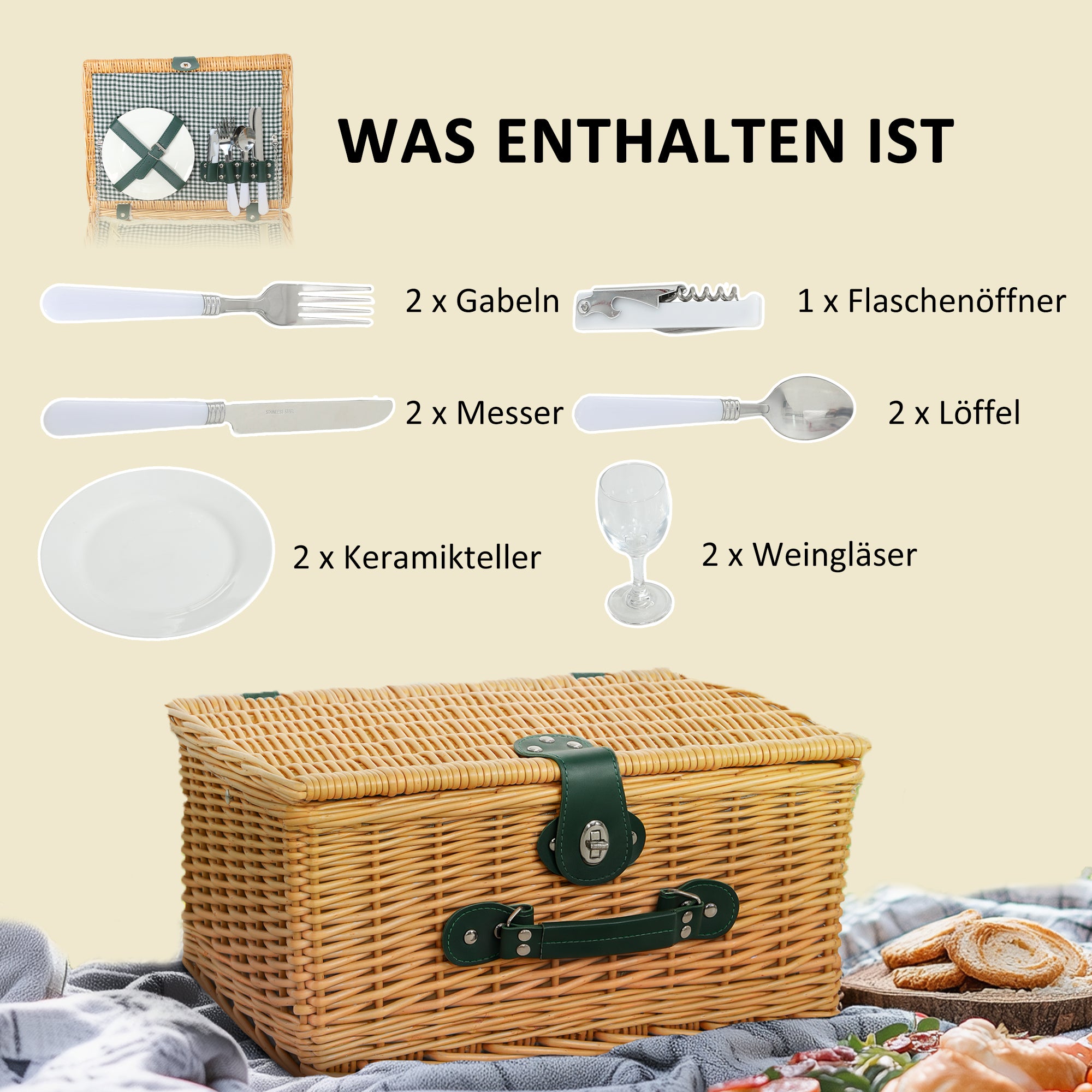 Outsunny Picknickkorb aus Weidenholz Picknickkoffer für 2 Personen mit Isoliert Kühlfach Besteck Set Hellbraun