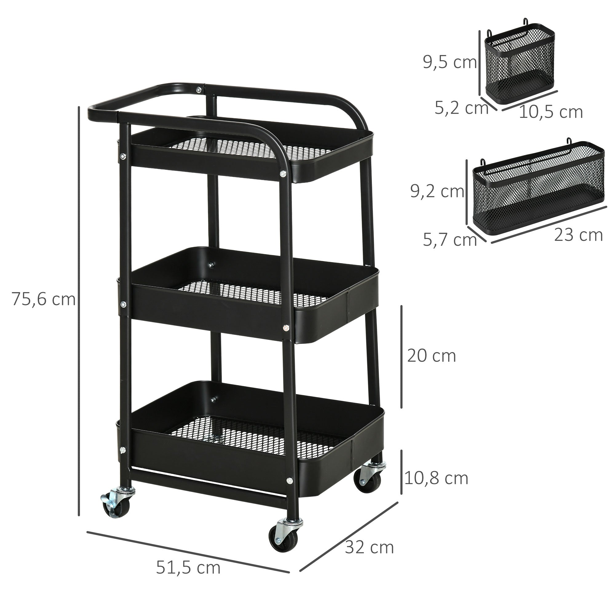 HOMCOM Küchentrolley mit Lochtafel, Handtuchhalter, Aufbewahrungskörbe, Schwarz