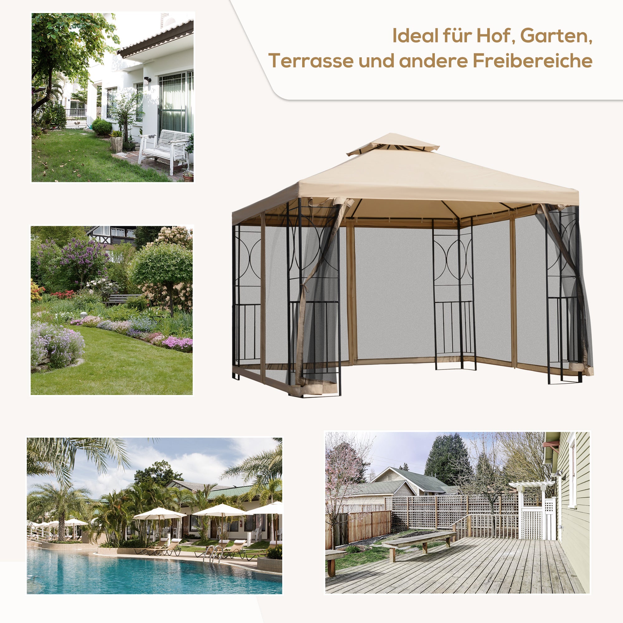 Outsunny Gartenpavillon Pavillon Festzelt Partyzelt wetterfest Zelt mit 4 Ablagen Metall + Polyester Beige 2,98 x 2,98 m