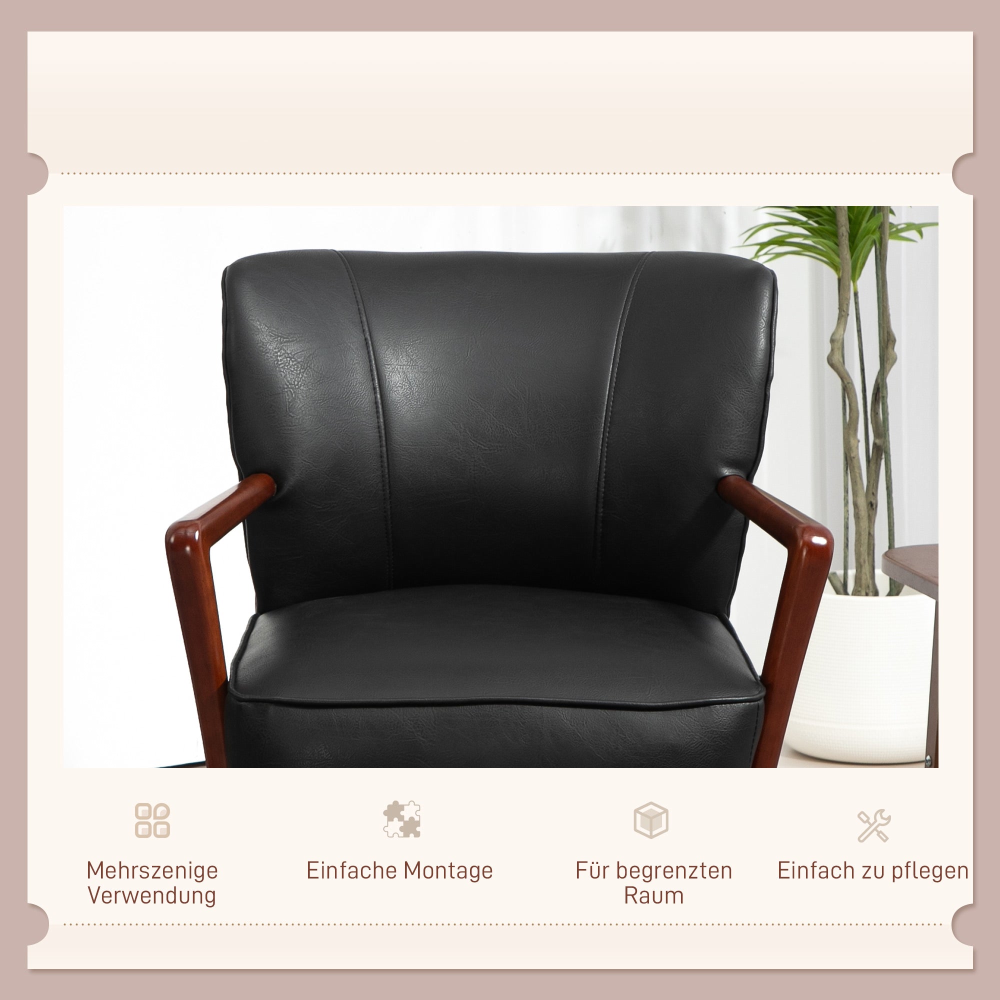 HOMCOM Akzentsessel, breiter Sitz, Lederoptik, Holzrahmen, bis 120 kg, 67x77x80 cm, Schwarz