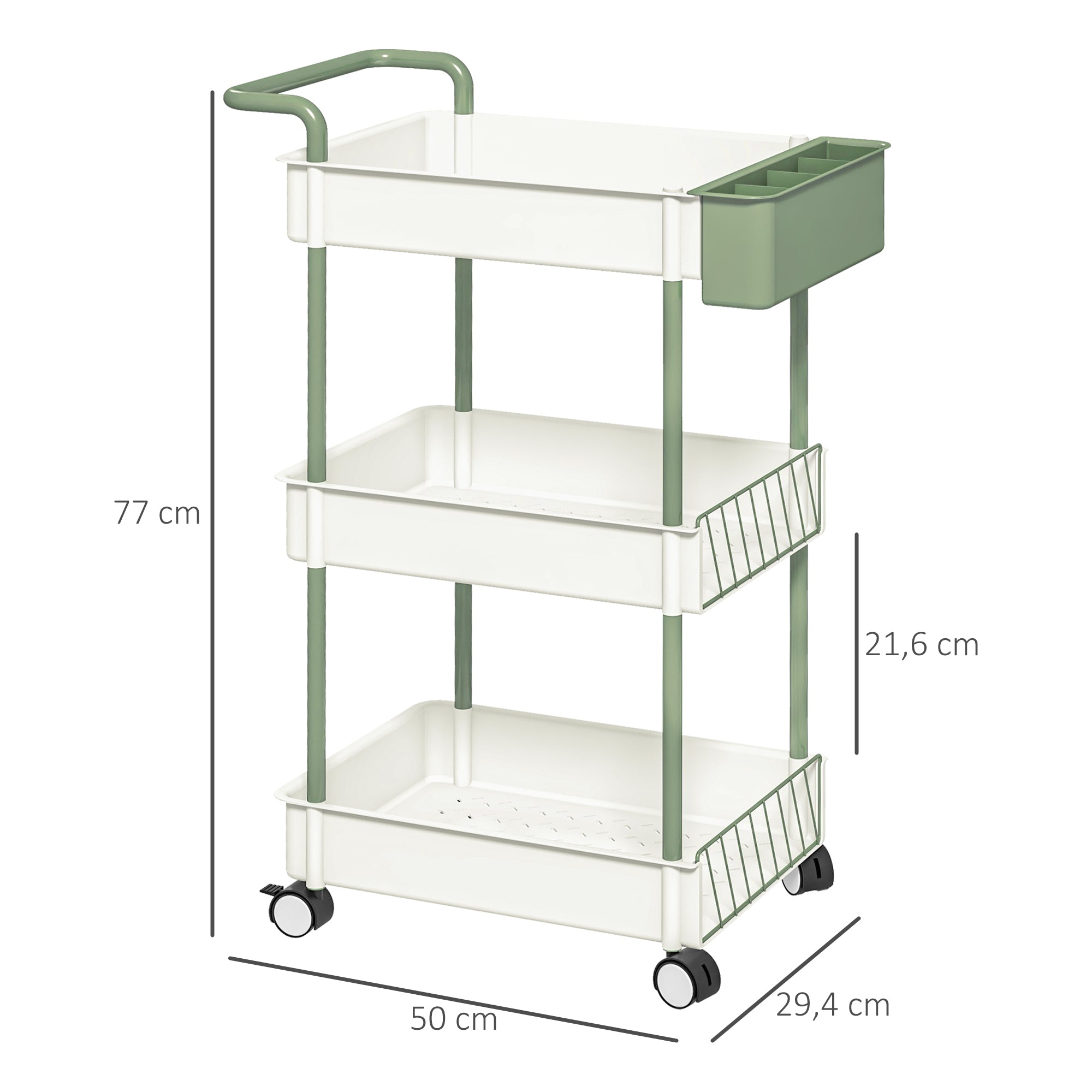 HOMCOM Rollwagen, 3 Etagen, Hängekorb, Schiebegriff, 4 Rollen, Metallrahmen, Weiß, 50 x 29,4 x 77cm