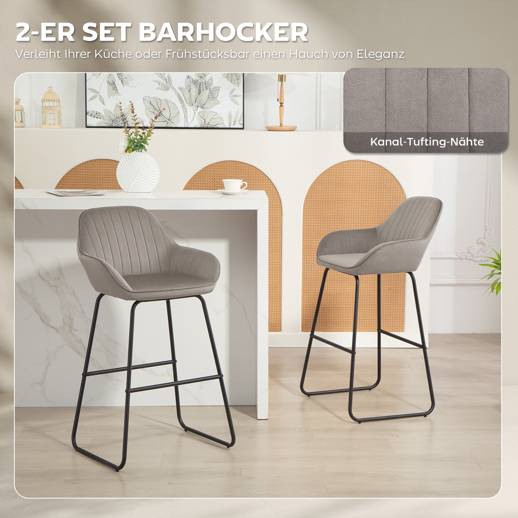 HOMCOM 2er-Set Barstühle, Barhocker mit Stoffbezug und Schaumstoffpolsterung, Polsterhocker mit Metallbeinen, Grau