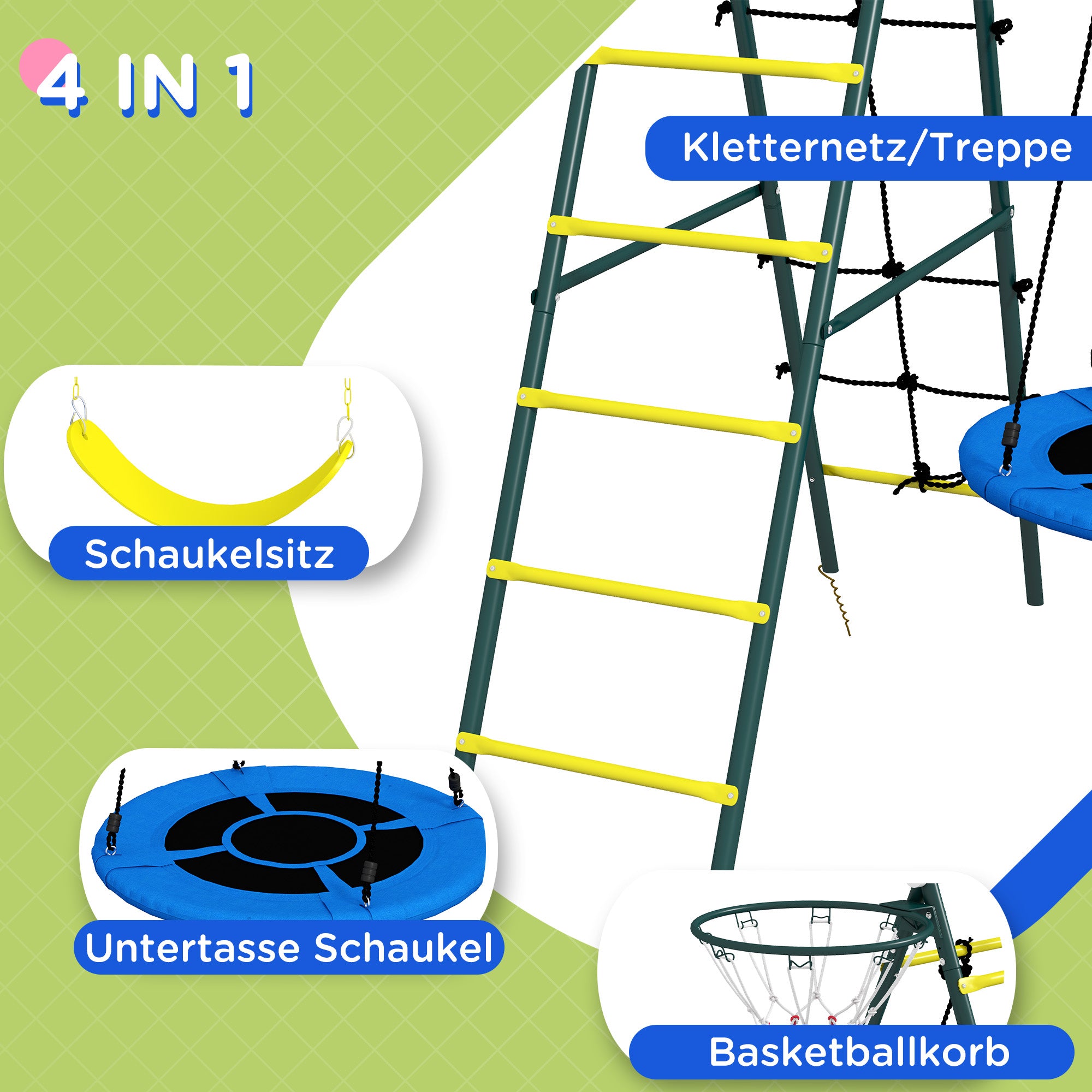 Outsunny Kinderschaukel-Gerüst mit 2 Schaukeln, Basketballkorb, Kletterleiter, 267x180x202 cm, Gelb