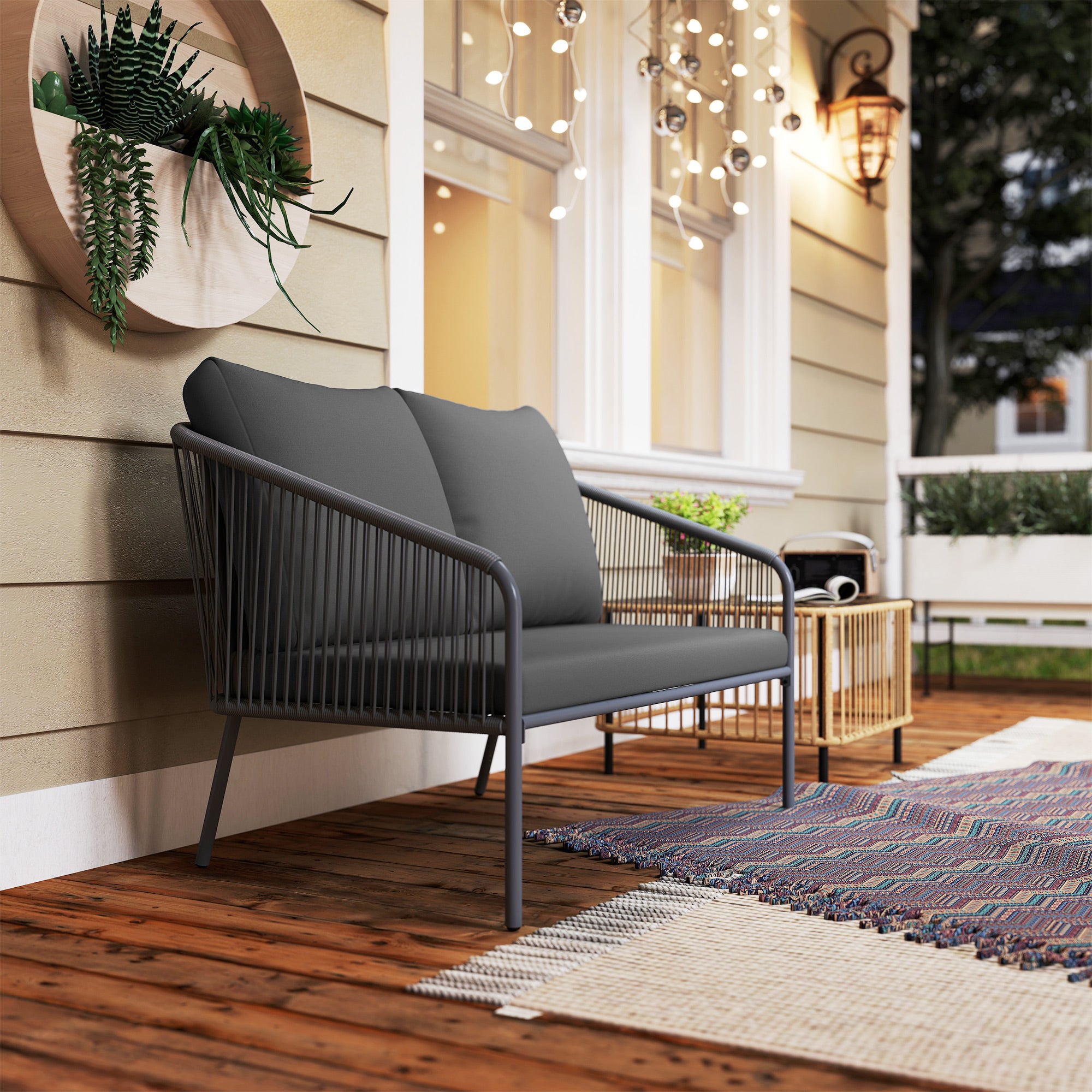 Outsunny Gartensofa mit Kissen 2-Sitzer Rattan Sofa Lounge Sofa Outdoor Balkon Sofa 112 x 72 x 76 cm Grau