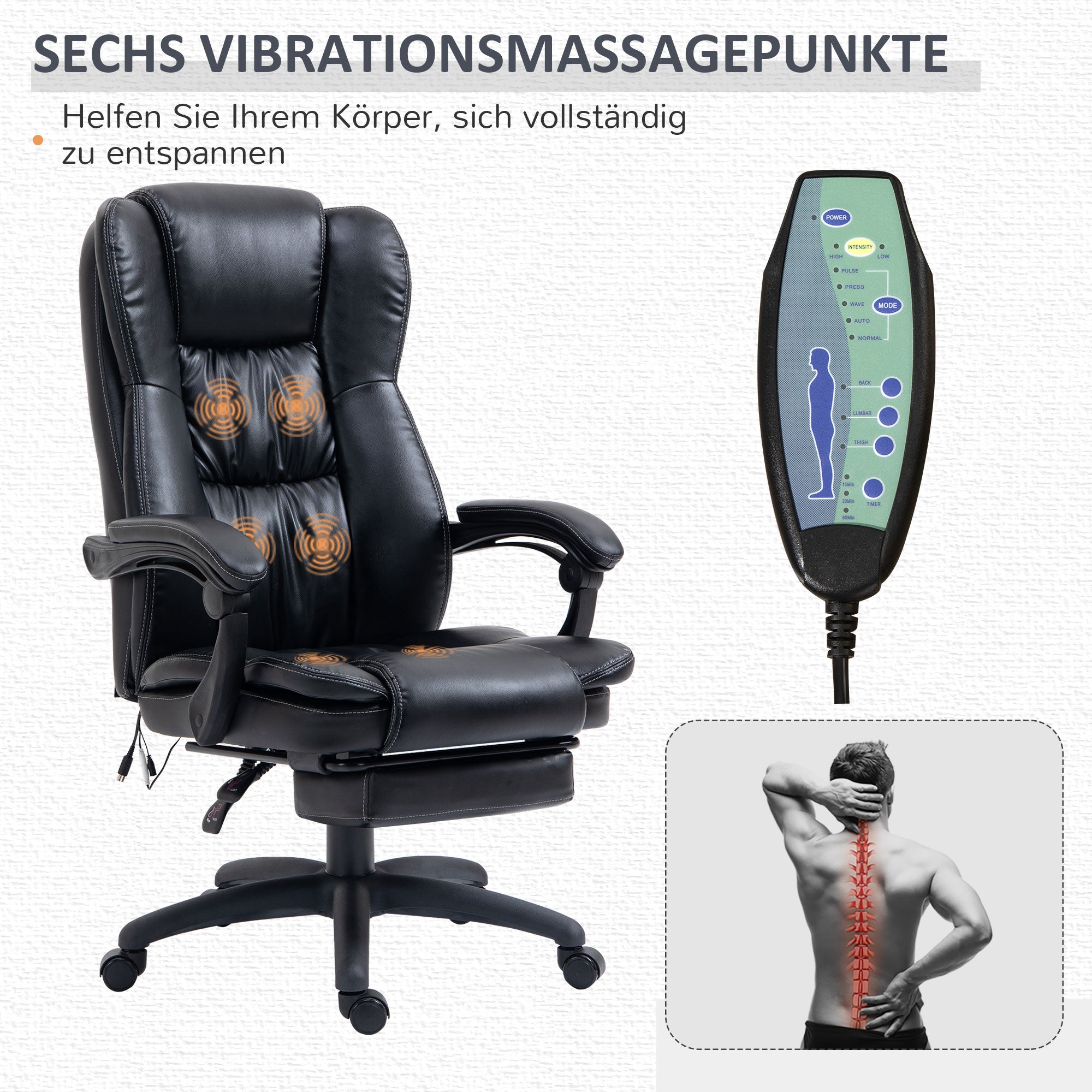 Vinsetto Verstellbarer Drehstuhl mit Fußstütze, Kopfstütze, Massagefunktion, Kunstleder, 68,5x68,5x113-121cm, Schwarz