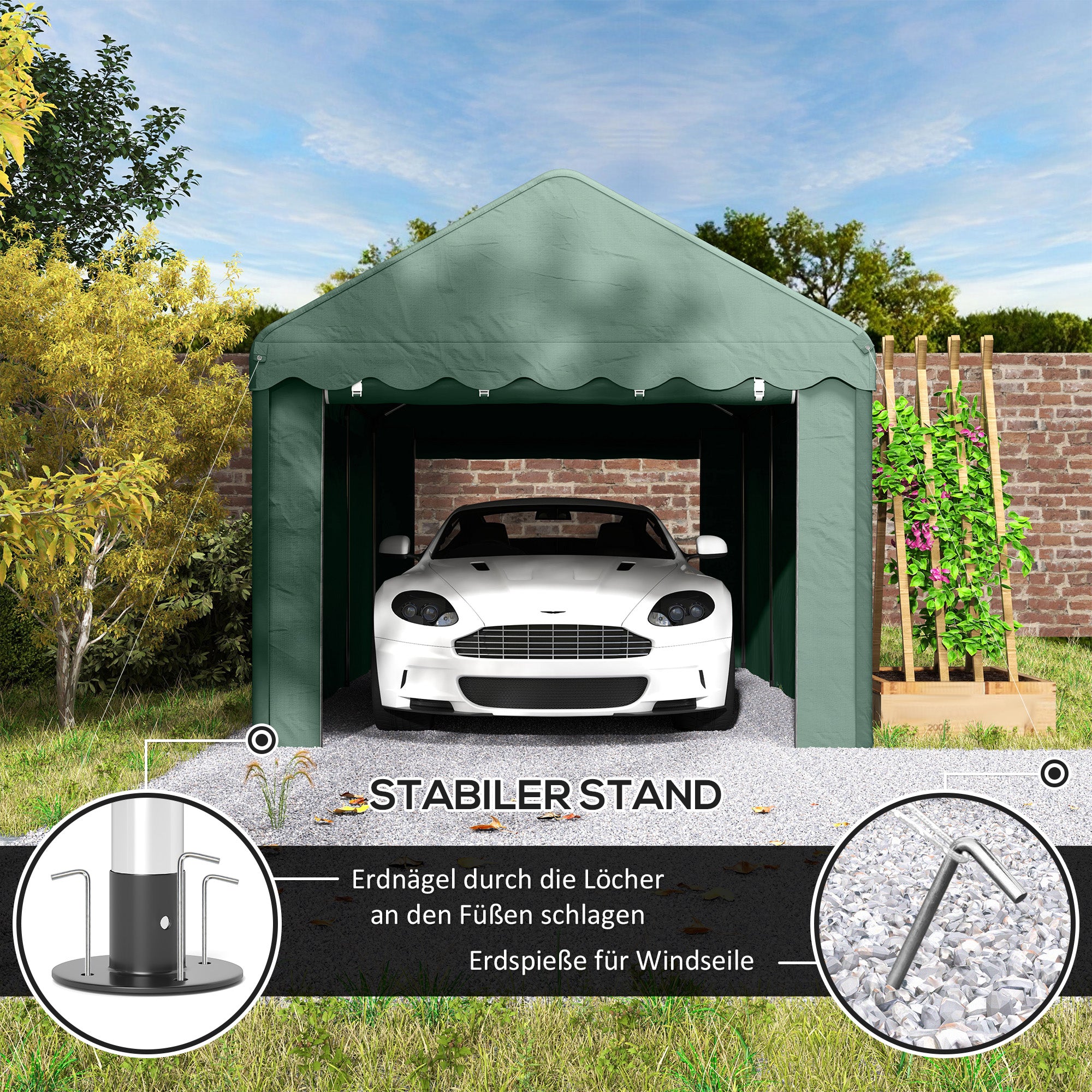 Outsunny 3x6 m Tragbarer Carport, Fahrzeugunterstand mit 2 Eingängen, Polyesterdach, für Autos, Boote, Gartengeräte, Dunkelgrün