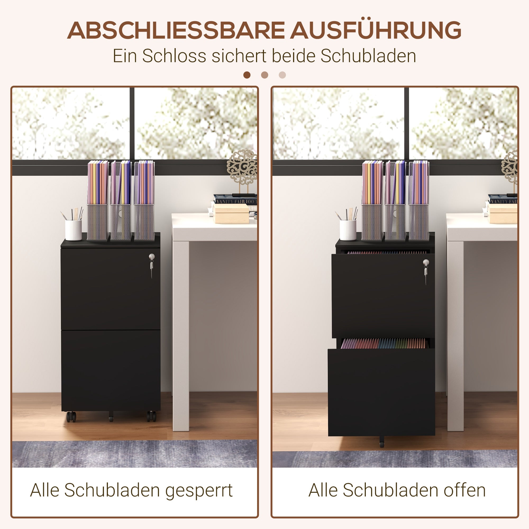 Vinsetto Rollcontainer Aktenschrank, 2 Schubladen, ab­schlie߭bar, rollbar, 37 cm x 43,5 cm x 67,5 cm, Schwarz