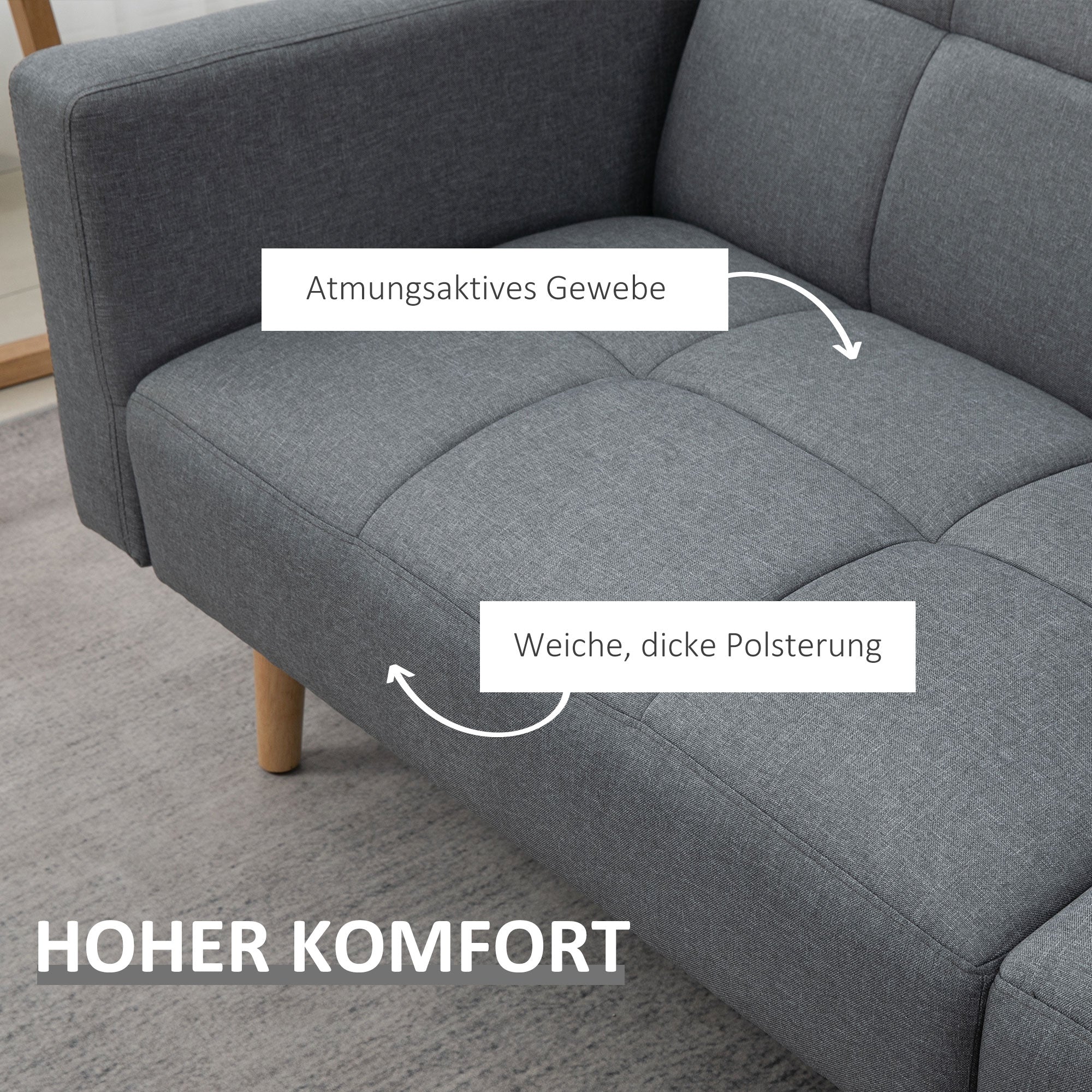 HOMCOM 2 in 1 Schlafsofa 205 x 88 cm Sofa mit Bettfunktion, Couch mit Sitzkissen, Leinenoptik Grau