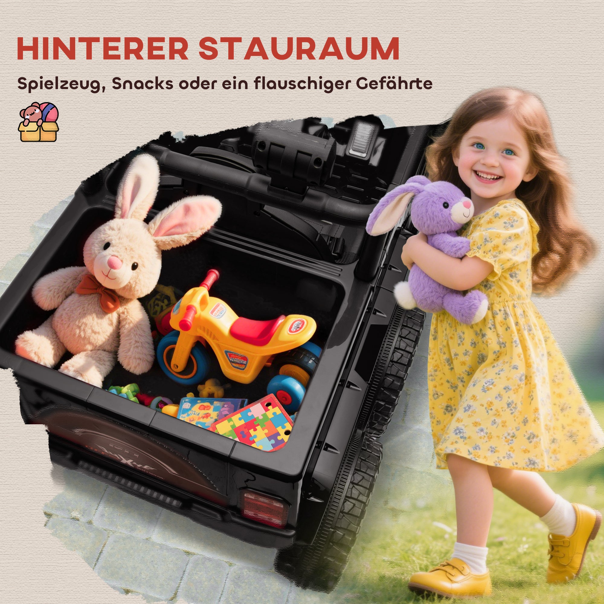 AIYAPLAY 12V Elektrisches Kinderauto, mit Anhänger, LED-Lichtern, Musik und Hupe, für Kinder im Alter von 3-8 Jahren, Schwarz