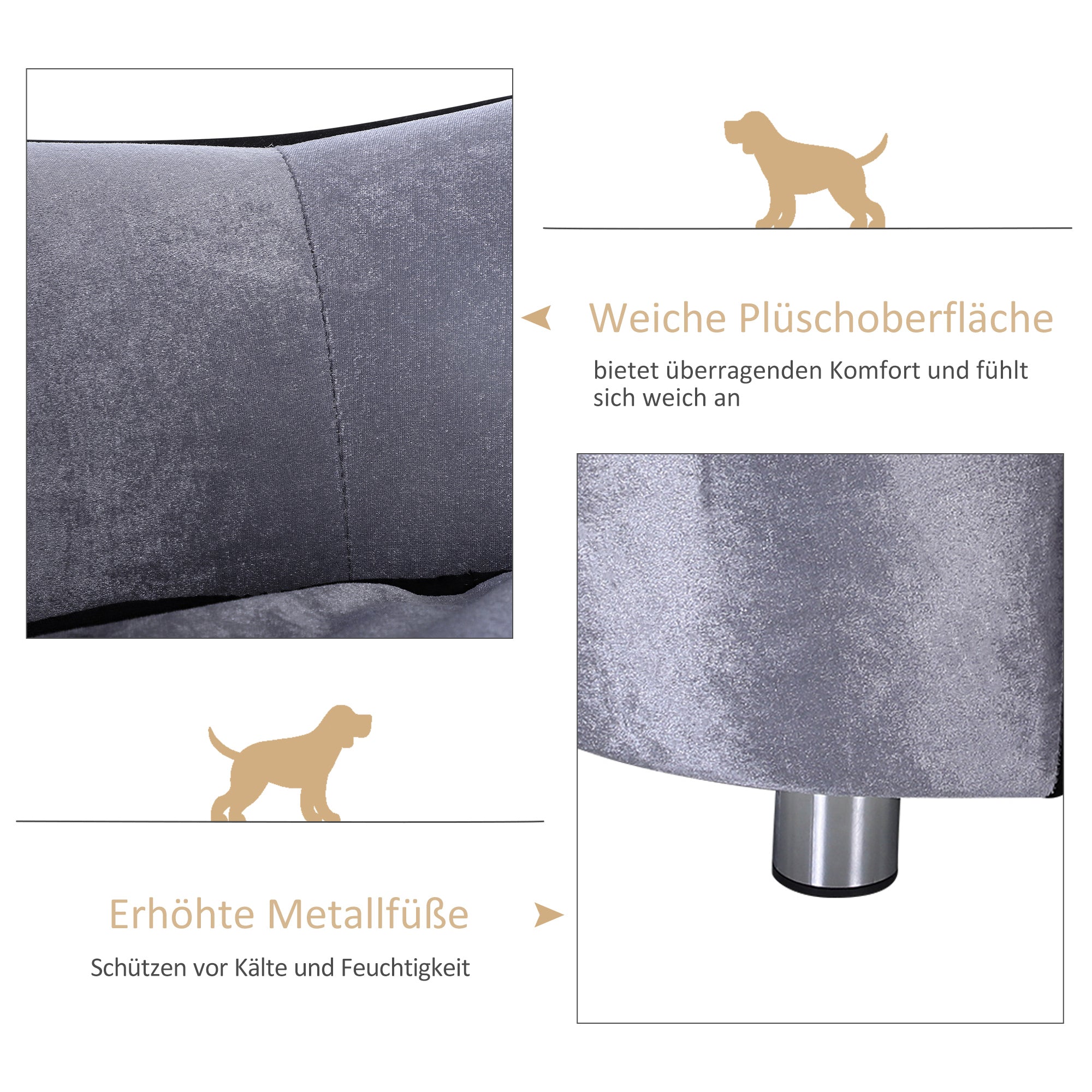 PawHut Hundesofa, Hundebett, waschbares Sitzkissen, Plüschbezug, Naturholzrahmen, hellgrau, 69 x 49 x 38cm