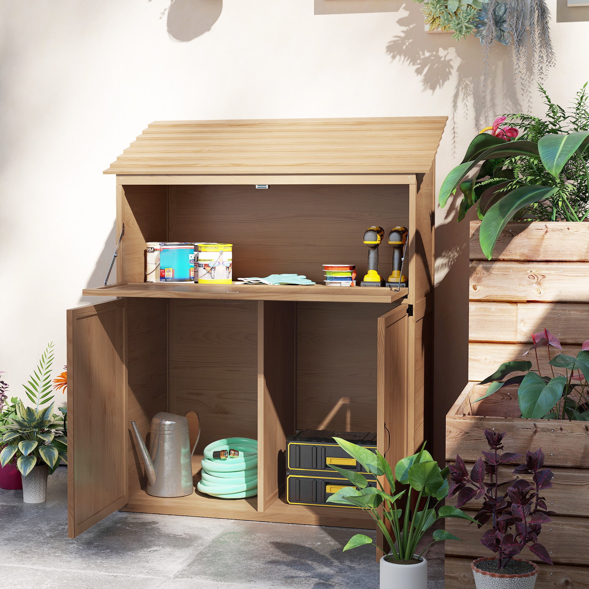 Outsunny Garten-Aufbewahrungsschrank mit ausklappbarem Tisch, Werkzeugschrank mit Dach, 110 x 54 x 136 cm, Tannenholz, Braun