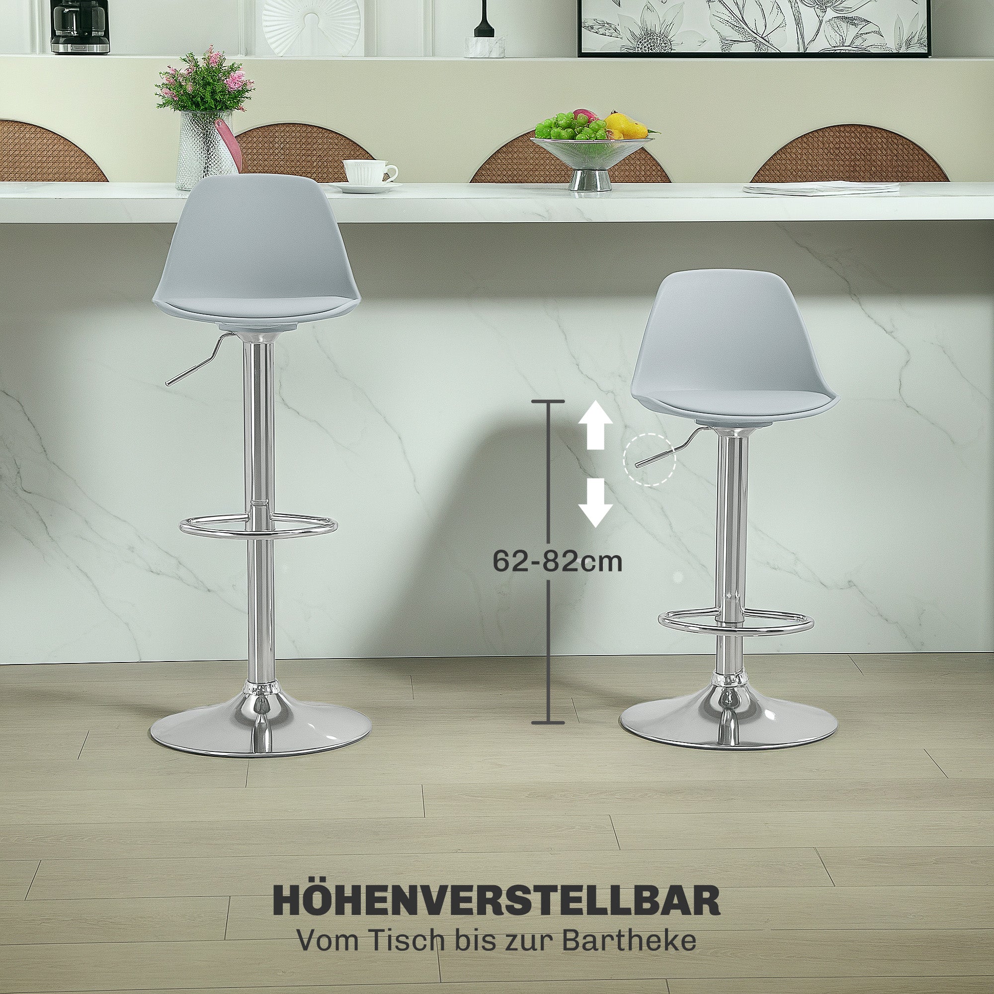 HOMCOM 2er-Set Barhocker, Barstühle, Drehstühle mit Lehne, höhenverstellbar, bis 120 kg belastbar, 42 x 38 x 82-104 cm, Grau