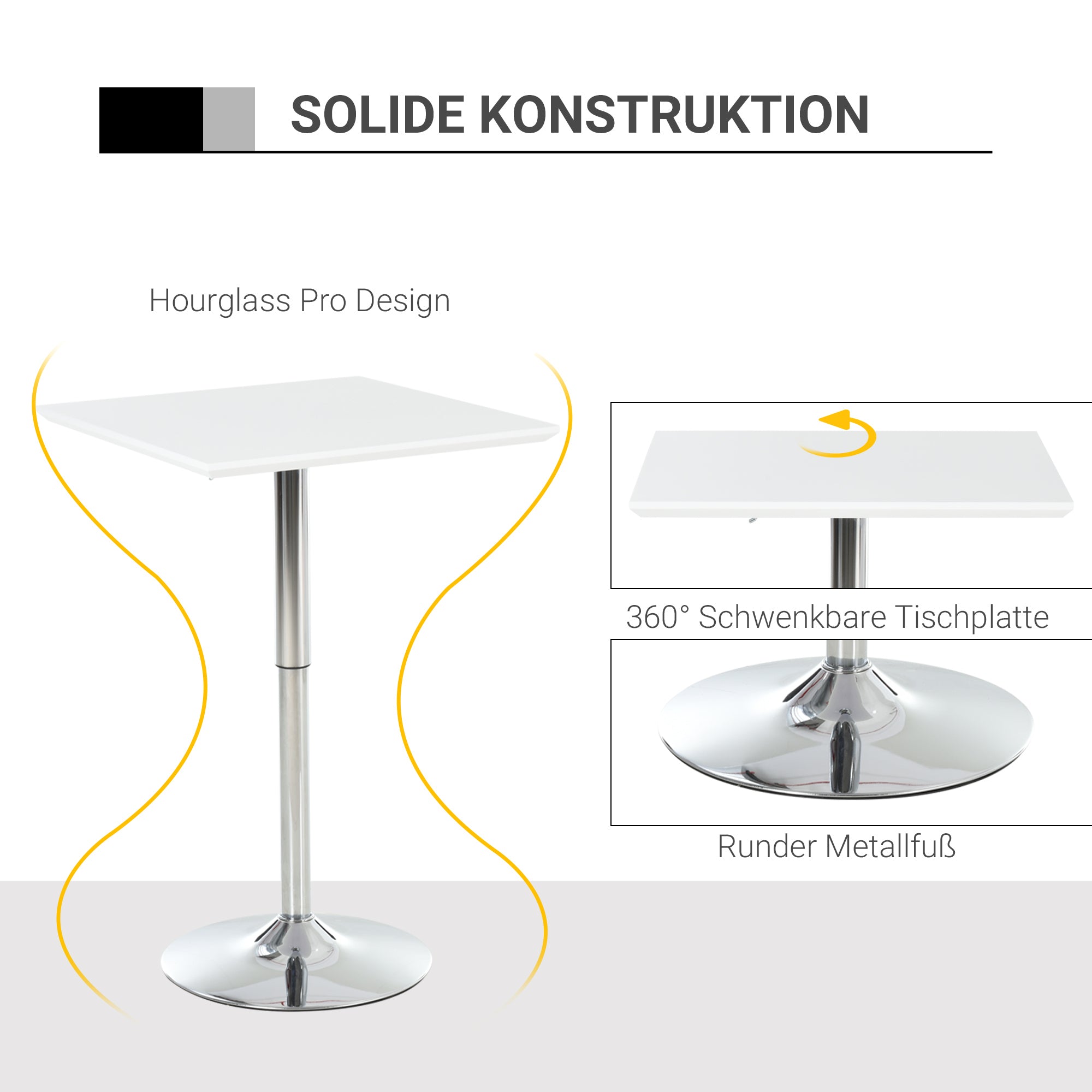 HOMCOM Bartisch Bistrotisch Pub Höhenverstellbarer Quadratischer Stehtisch Tisch Stahl Weiß 60 x 60 x 69-92 cm