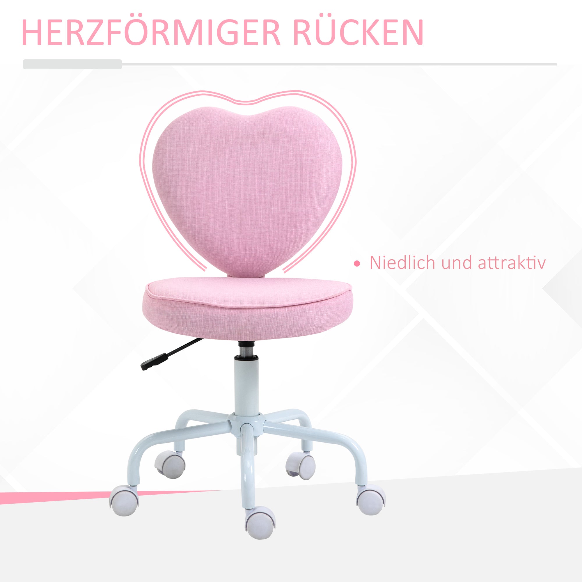 HOMCOM Drehstuhl, niedliches Herz-Design, höhenverstellbar, Stoffbezug in Leinenoptik, rosa, 42 x 50 x 79-89 cm