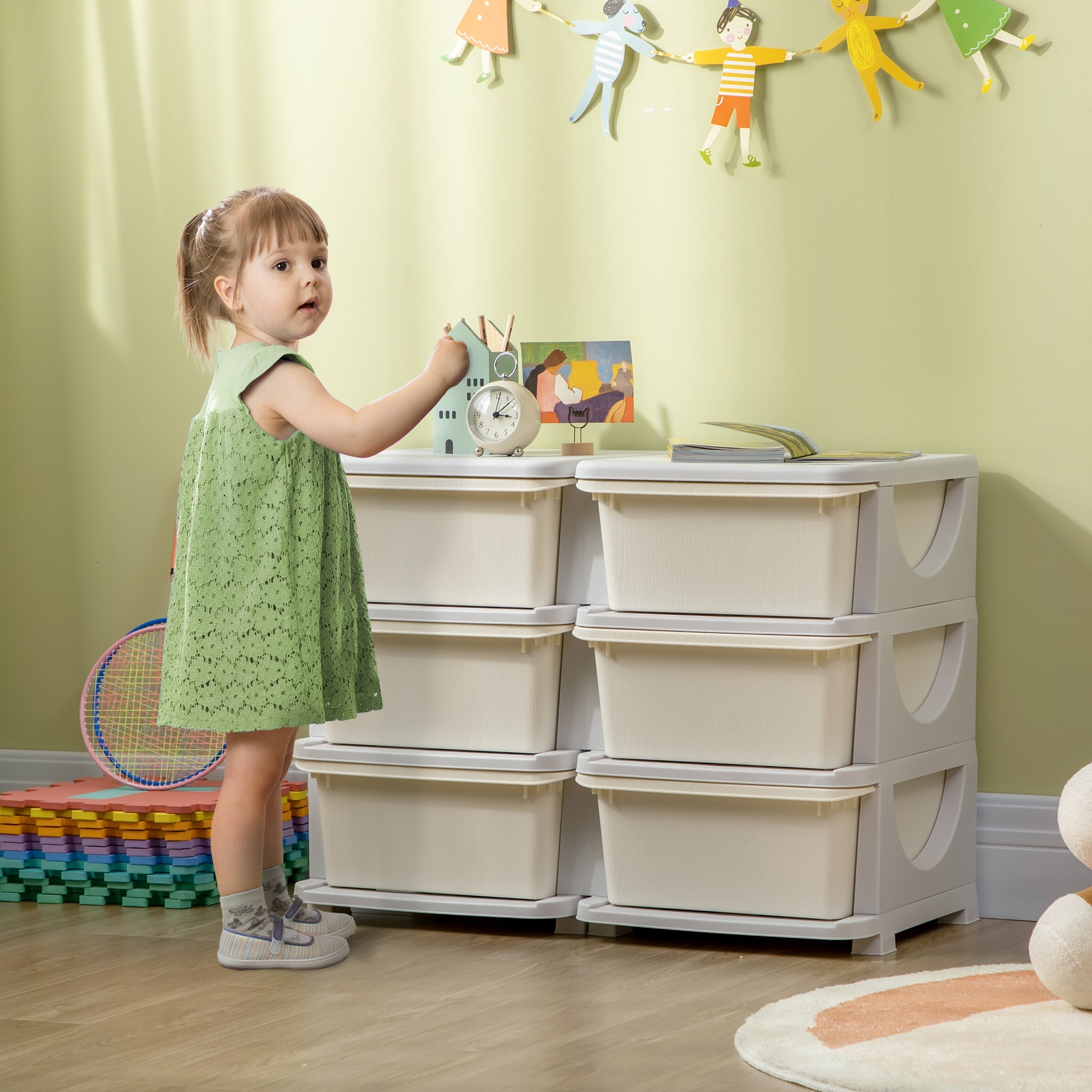 HOMCOM Aufbewahrungsbox für Kinder, Kinder-Aufbewahrungsbox, 3 Schubladen, Weiß