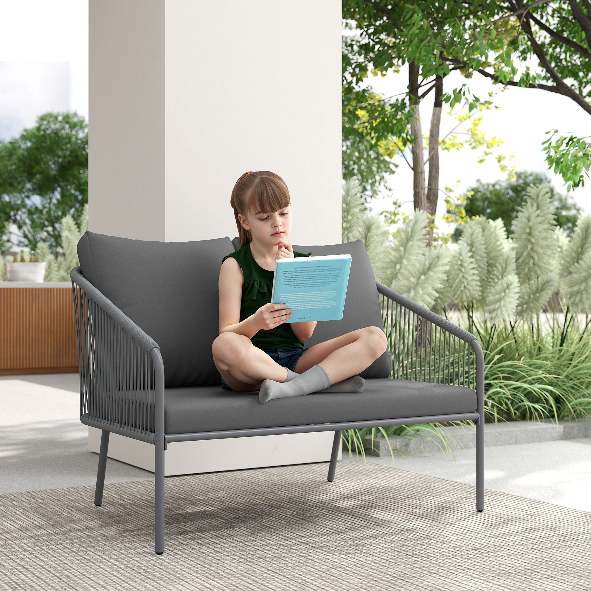 Outsunny Gartensofa mit Kissen 2-Sitzer Rattan Sofa Lounge Sofa Outdoor Balkon Sofa 112 x 72 x 76 cm Grau