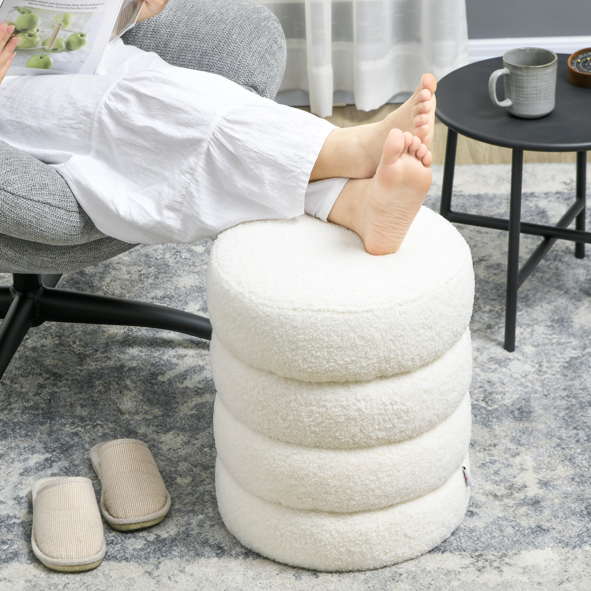 HOMCOM Hocker, rund, Teddyfleece, bis 120kg, Φ40x45H cm, Cremeweiß